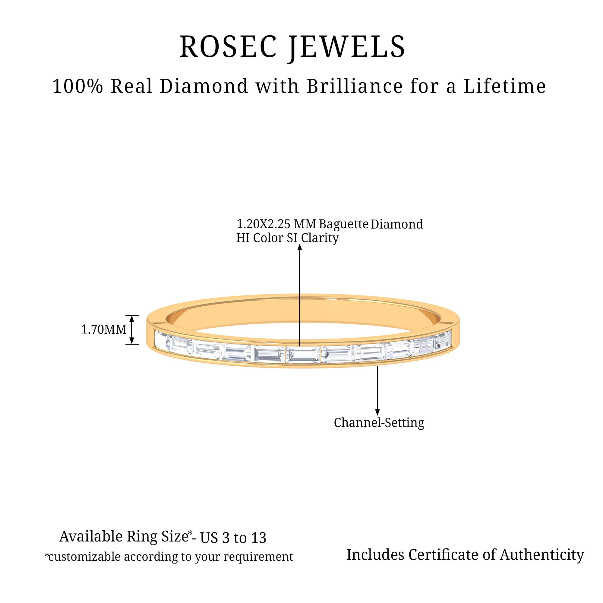 Rosec Jewels-Elegant Stackable Ring with 1/2 CT Baguette Diamond in Channel Setting