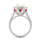 Rosec Jewels-Freshwater Pearl and Created Ruby Cocktail Ring with Moissanite Accent