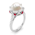 Rosec Jewels-Freshwater Pearl and Created Ruby Cocktail Ring with Moissanite Accent