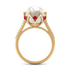 Rosec Jewels-Freshwater Pearl and Created Ruby Cocktail Ring with Moissanite Accent