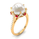 Rosec Jewels-Freshwater Pearl and Created Ruby Cocktail Ring with Moissanite Accent