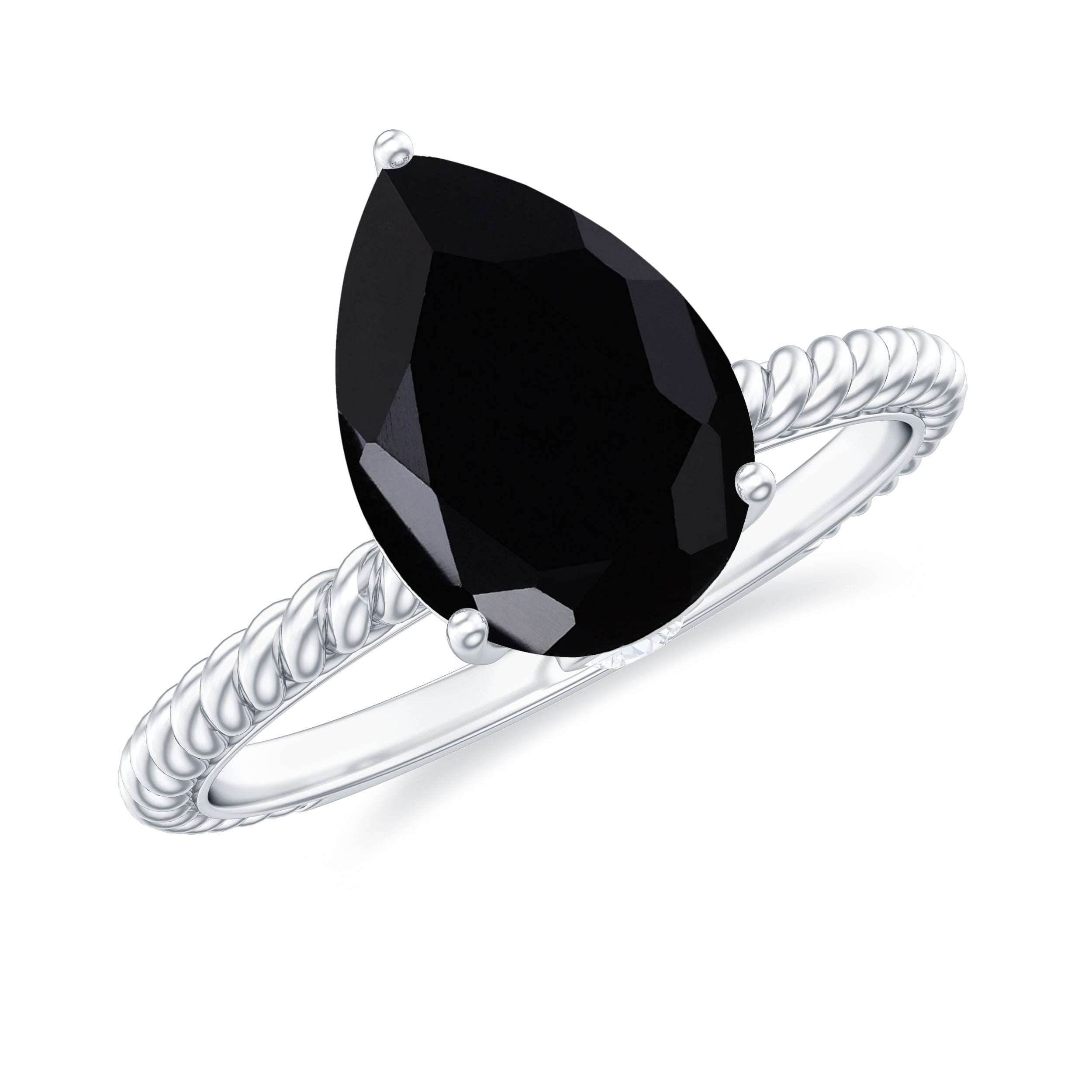 Rosec Jewels-Created Black Diamond and Moissanite Teardrop Ring with Twisted Rope Band