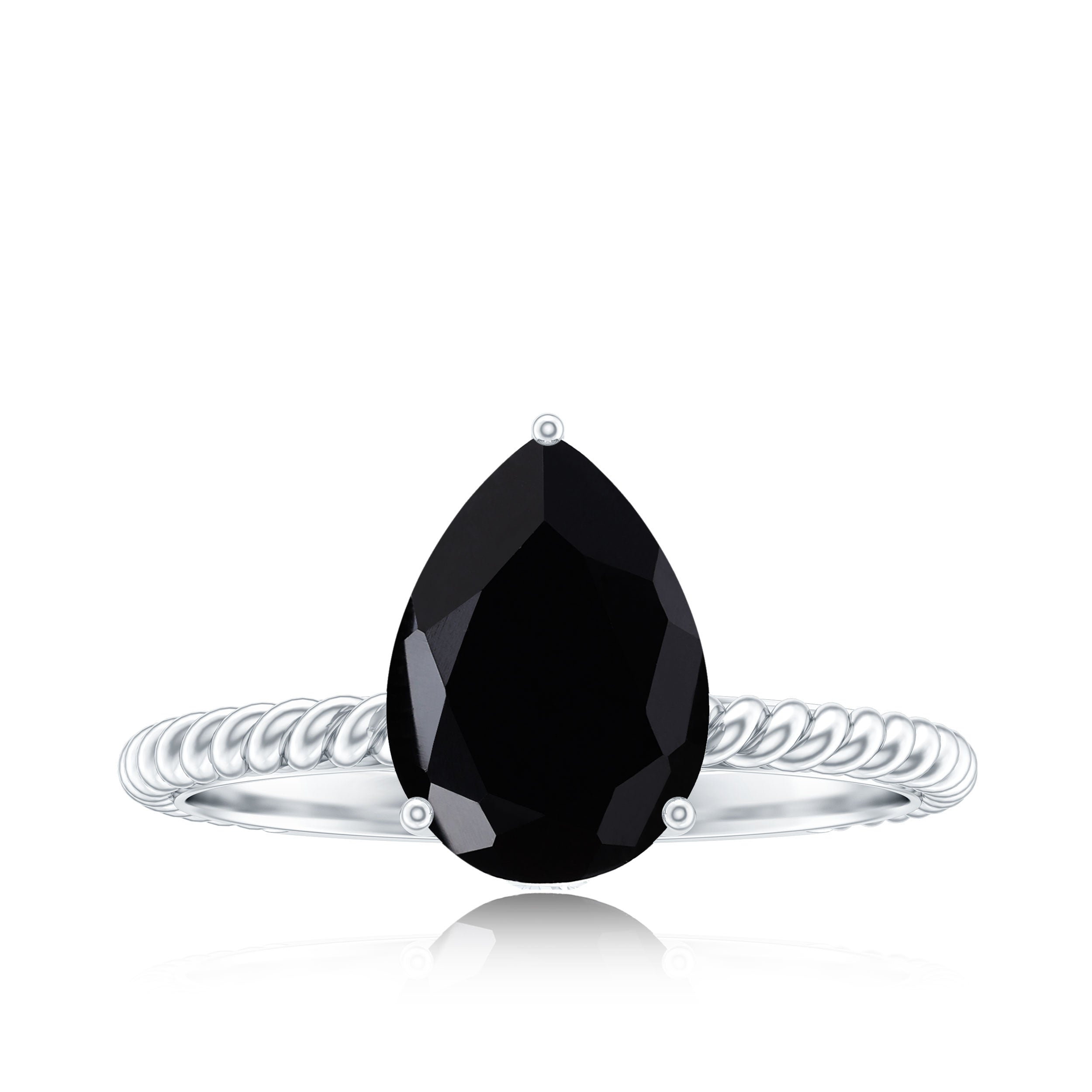 Rosec Jewels-Created Black Diamond and Moissanite Teardrop Ring with Twisted Rope Band