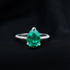 Rosec Jewels-Created Emerald Solitaire Teardrop Ring with Hidden Moissanite