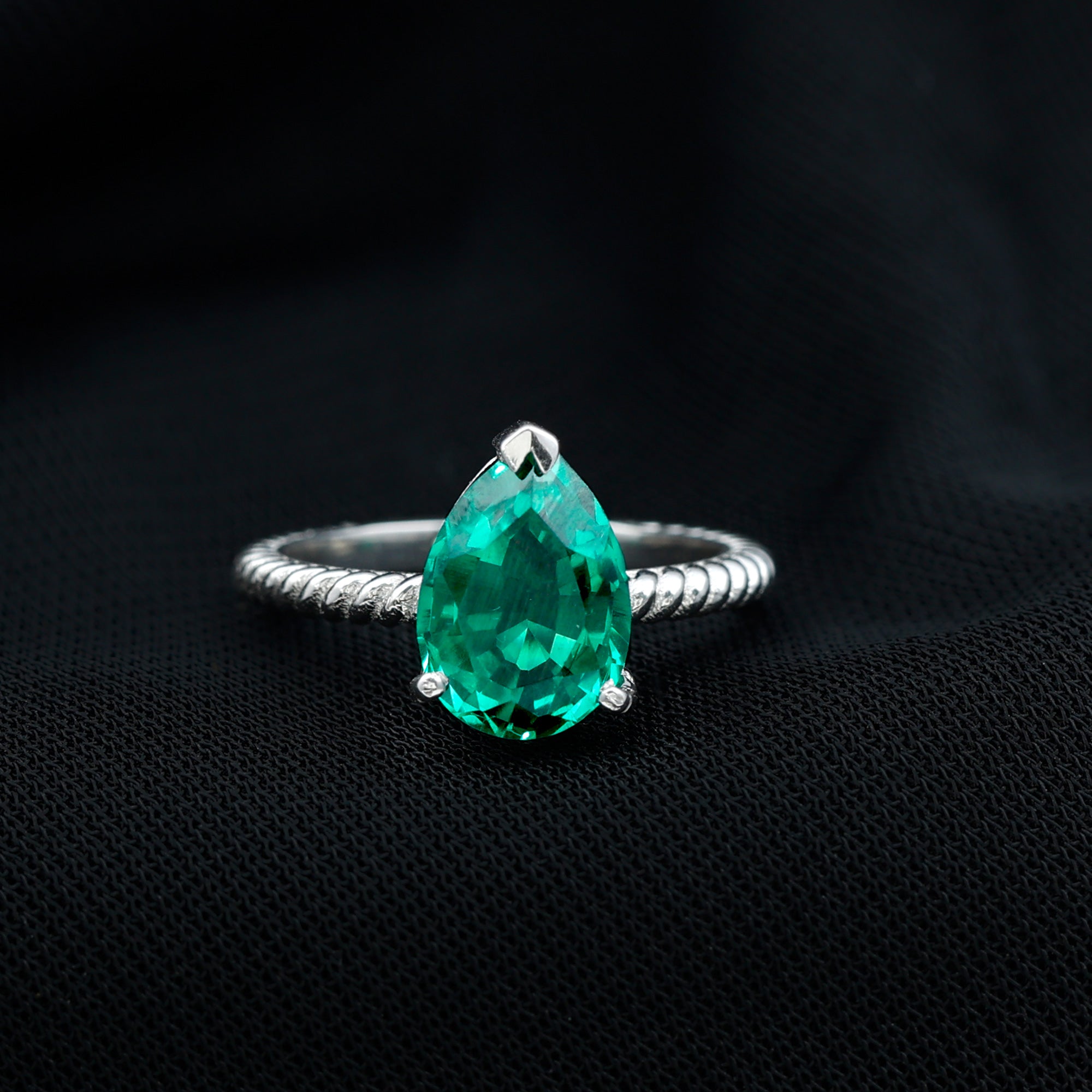 Rosec Jewels-Created Emerald Solitaire Teardrop Ring with Hidden Moissanite