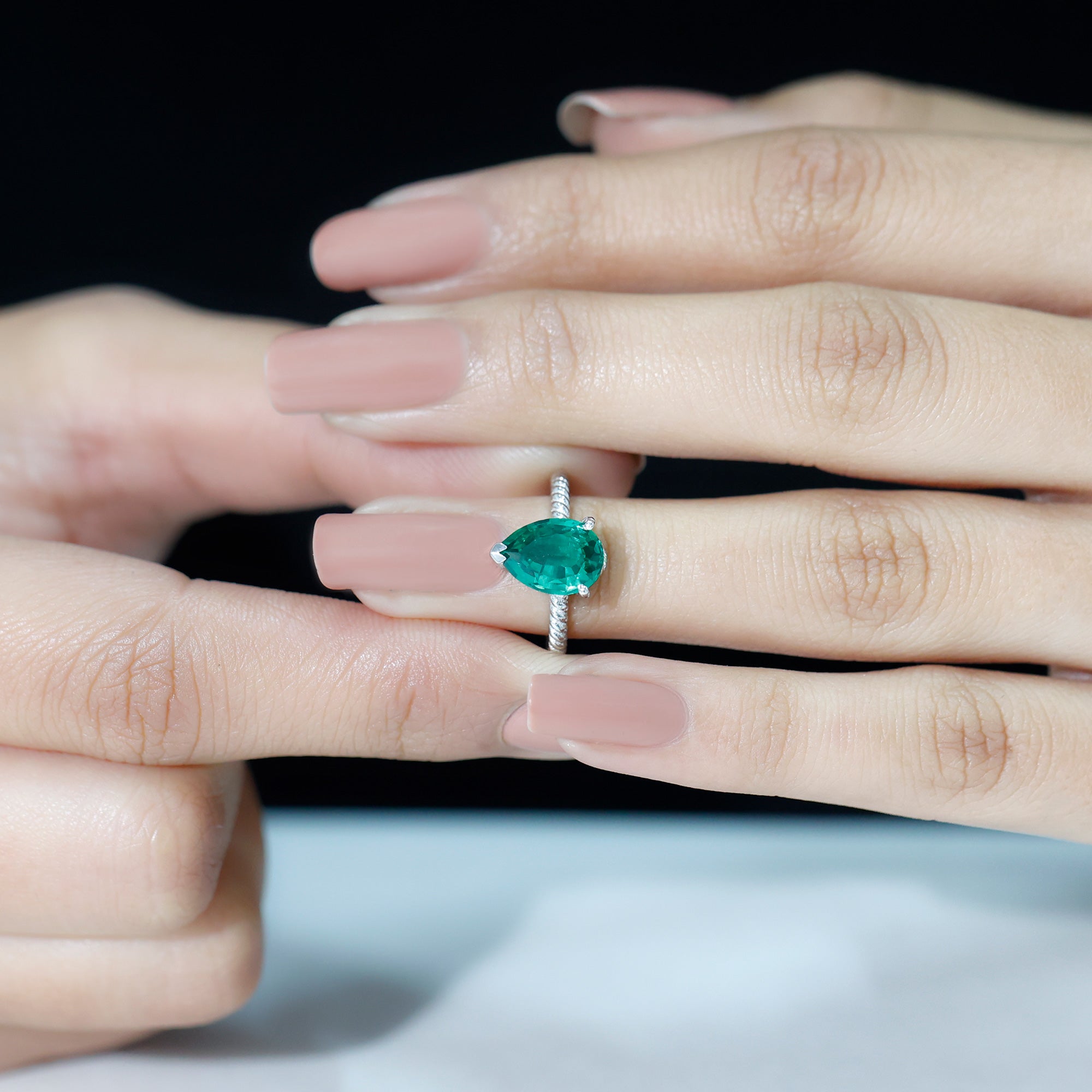 Rosec Jewels-Created Emerald Solitaire Teardrop Ring with Hidden Moissanite