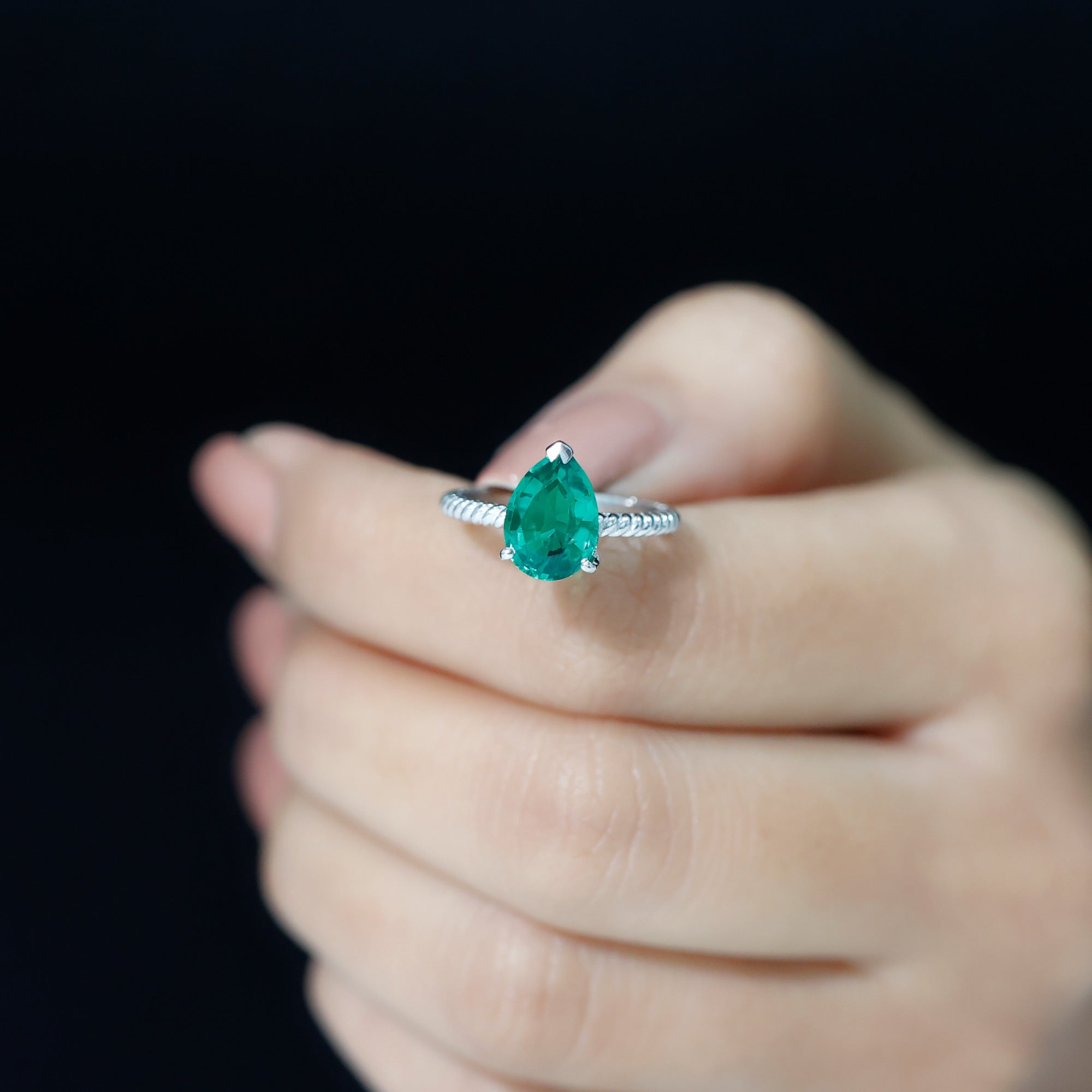 Rosec Jewels-Created Emerald Solitaire Teardrop Ring with Hidden Moissanite