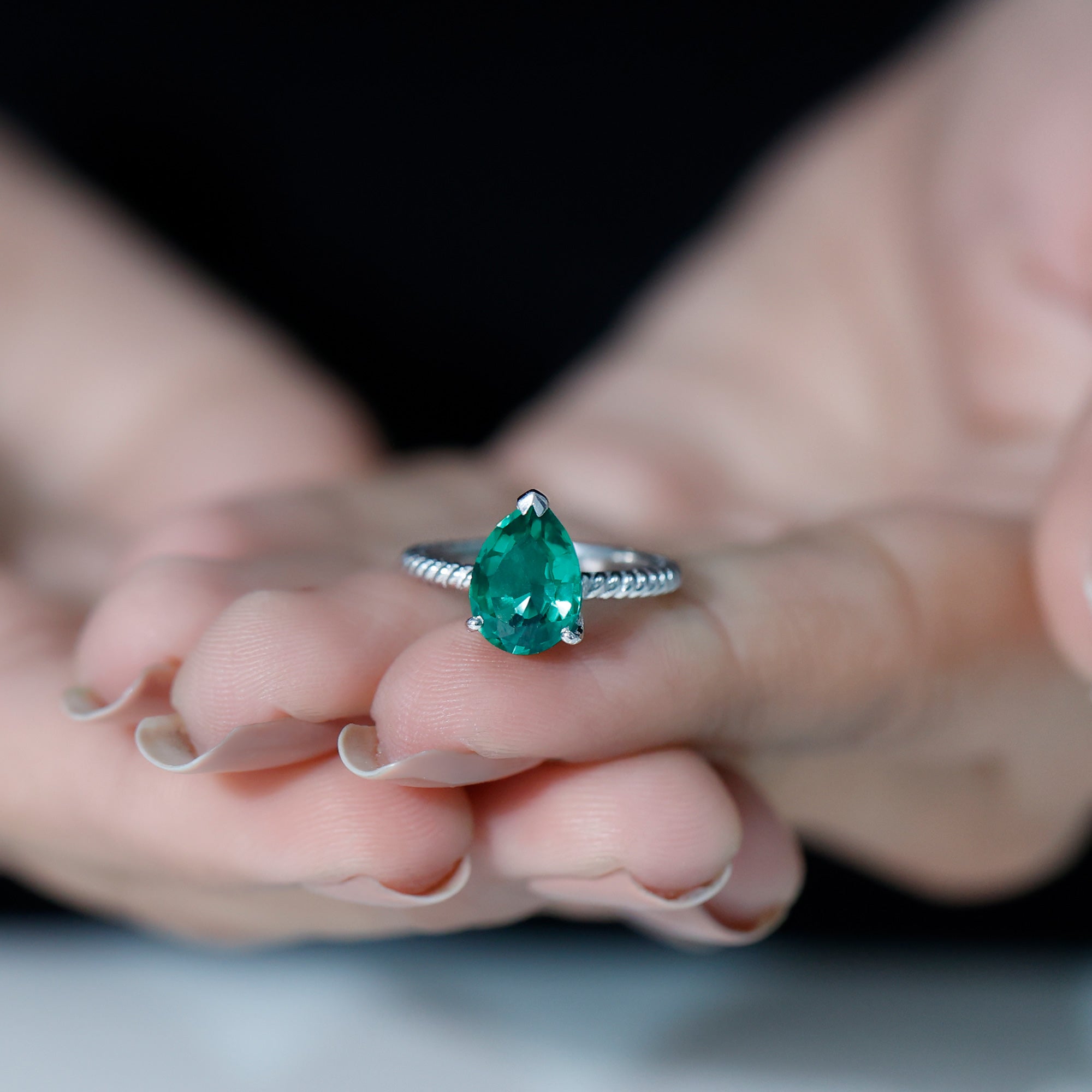 Rosec Jewels-Created Emerald Solitaire Teardrop Ring with Hidden Moissanite