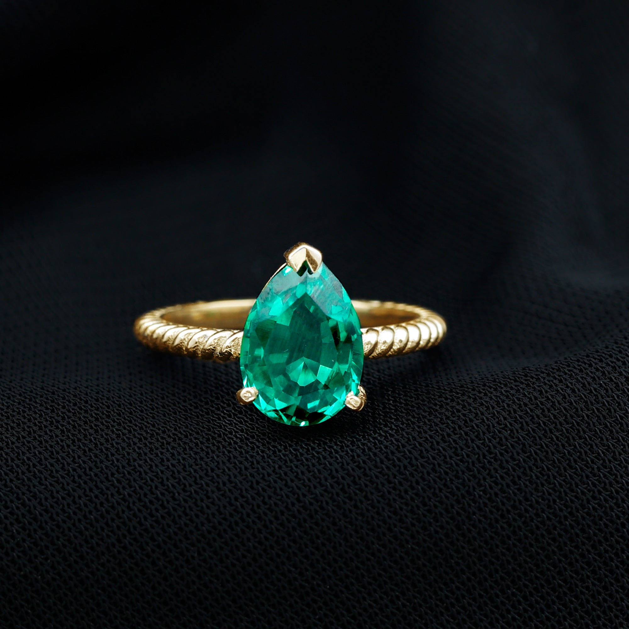 Rosec Jewels-Created Emerald Solitaire Teardrop Ring with Hidden Moissanite