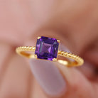 Rosec Jewels-Asscher Cut Amethyst Solitaire Ring with Gold Twisted Rope Details