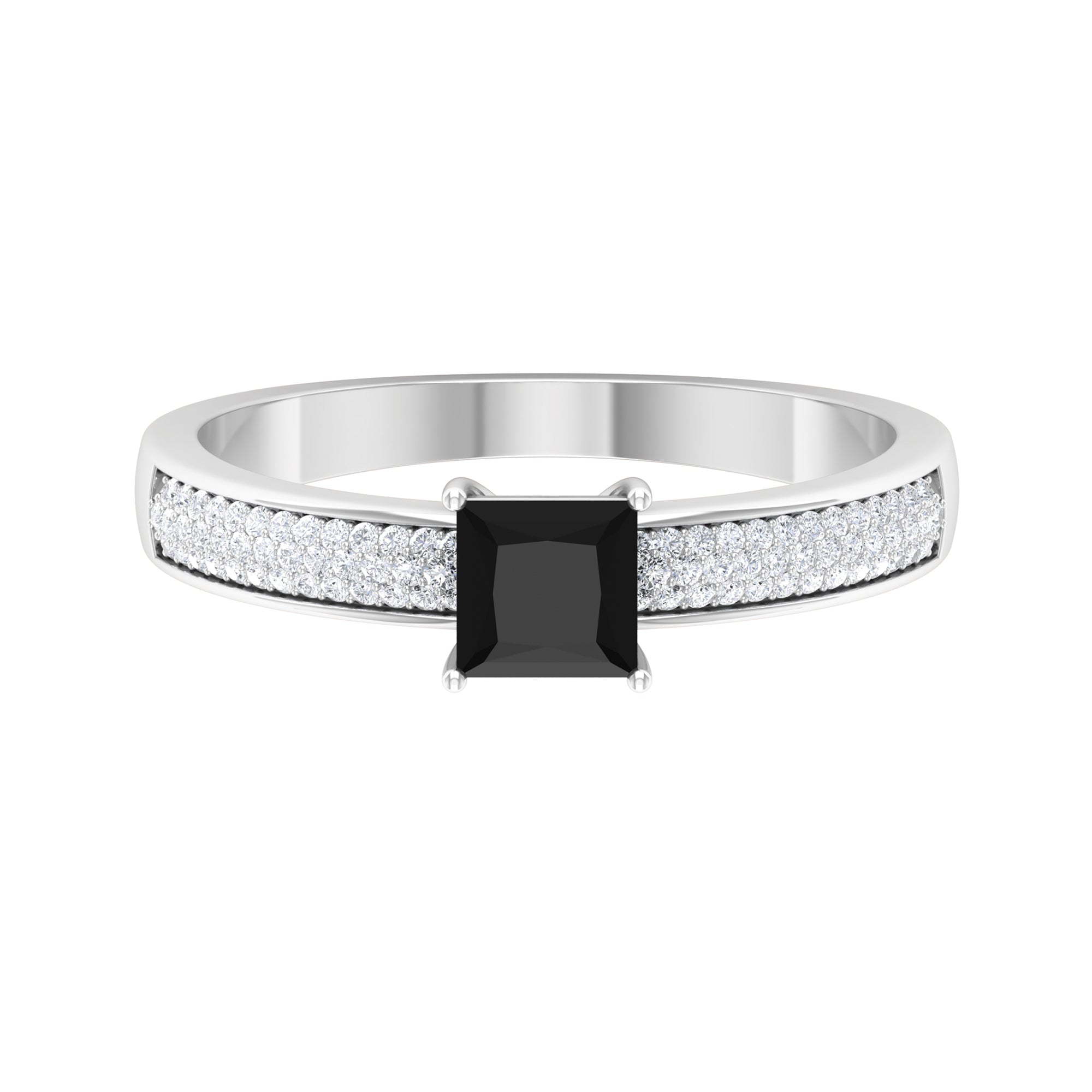 Rosec Jewels-Princess Cut Black Spinel Engagement Ring with Diamond Side Stones