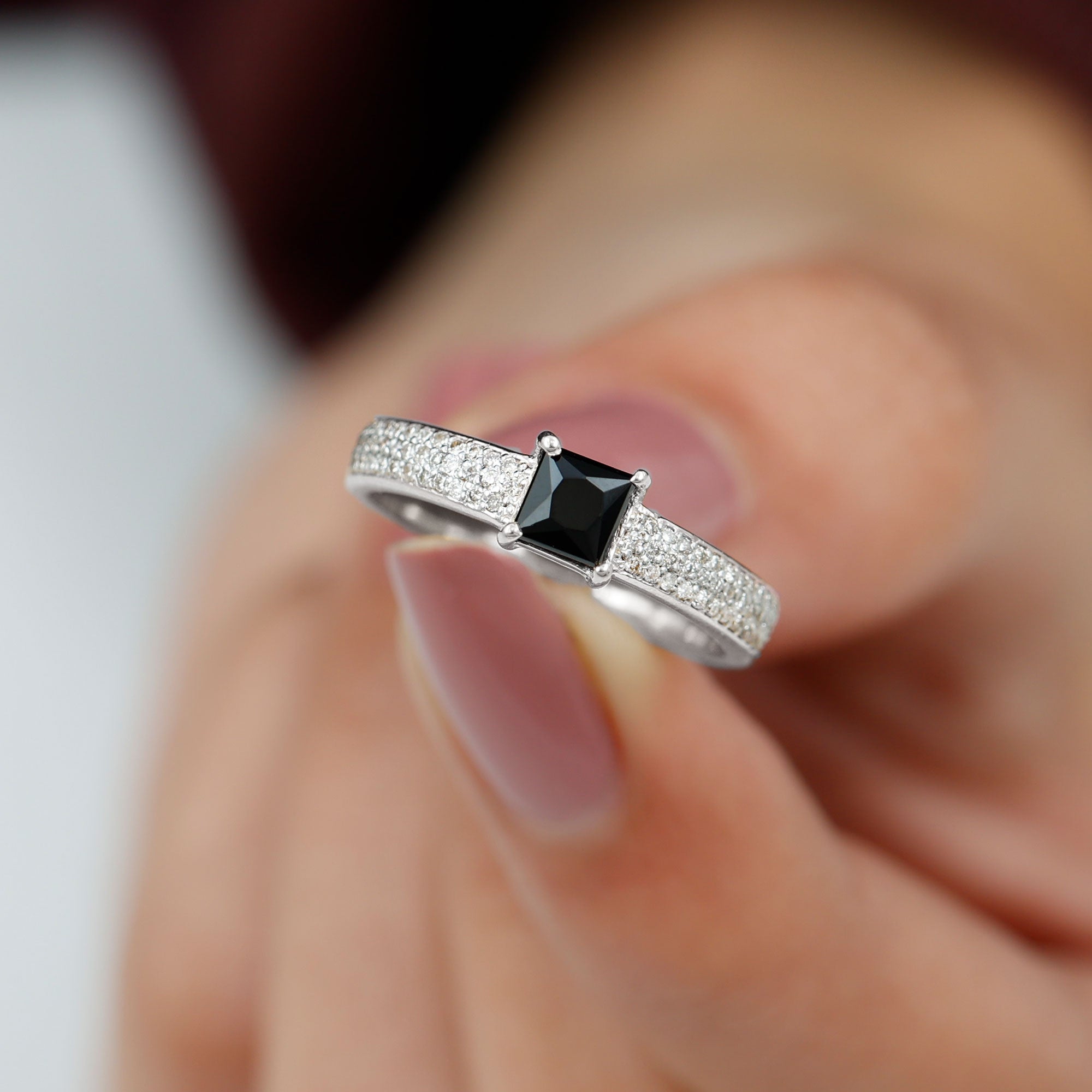 Rosec Jewels-Princess Cut Black Spinel Engagement Ring with Diamond Side Stones