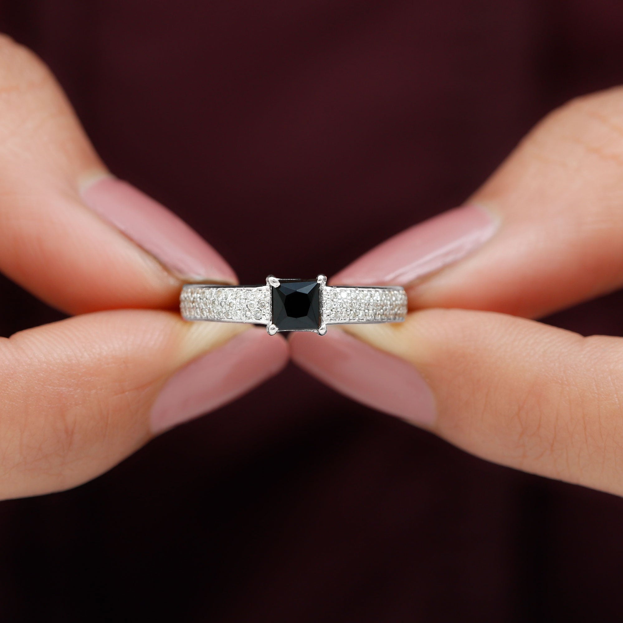 Rosec Jewels-Princess Cut Black Spinel Engagement Ring with Diamond Side Stones