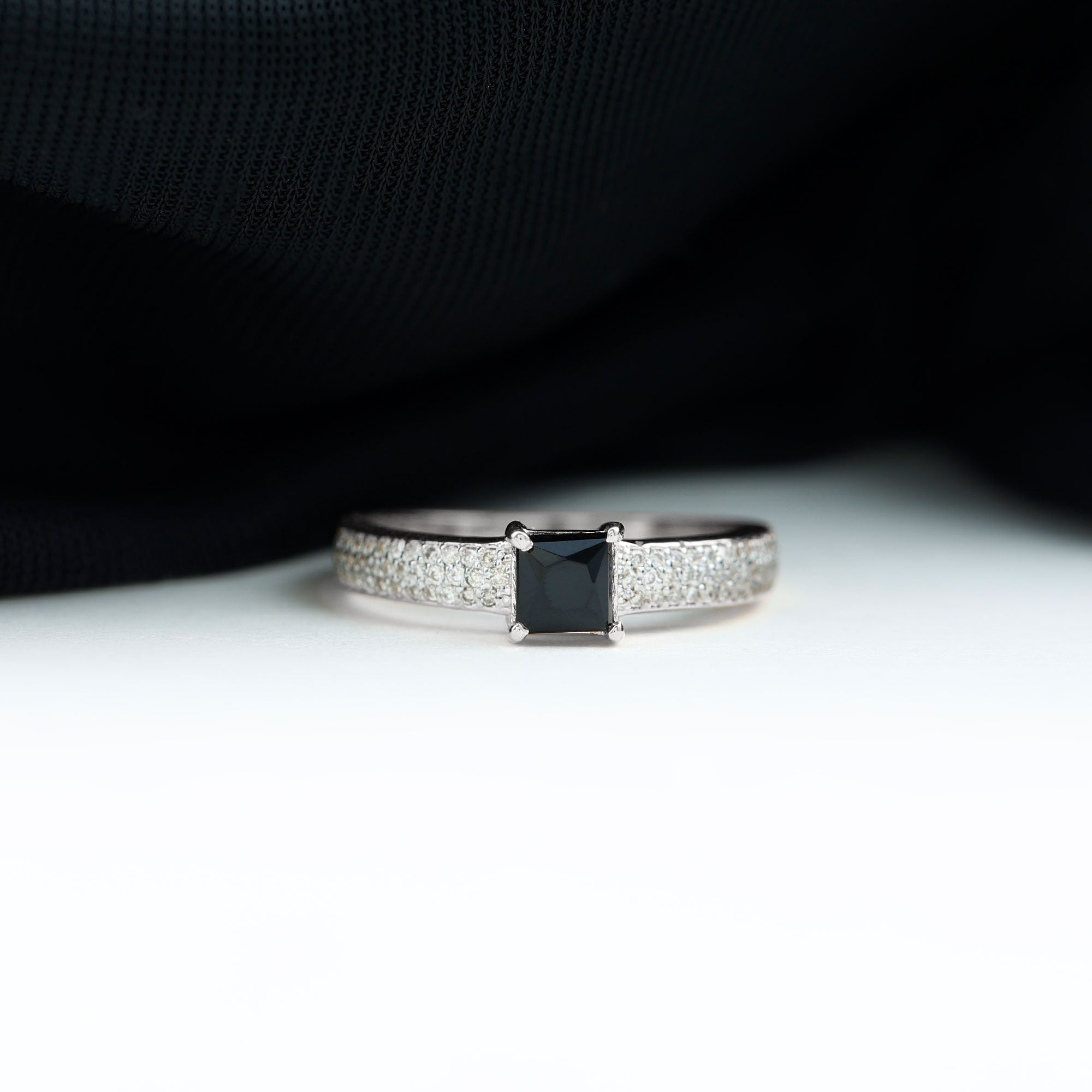 Rosec Jewels-Princess Cut Black Spinel Engagement Ring with Diamond Side Stones