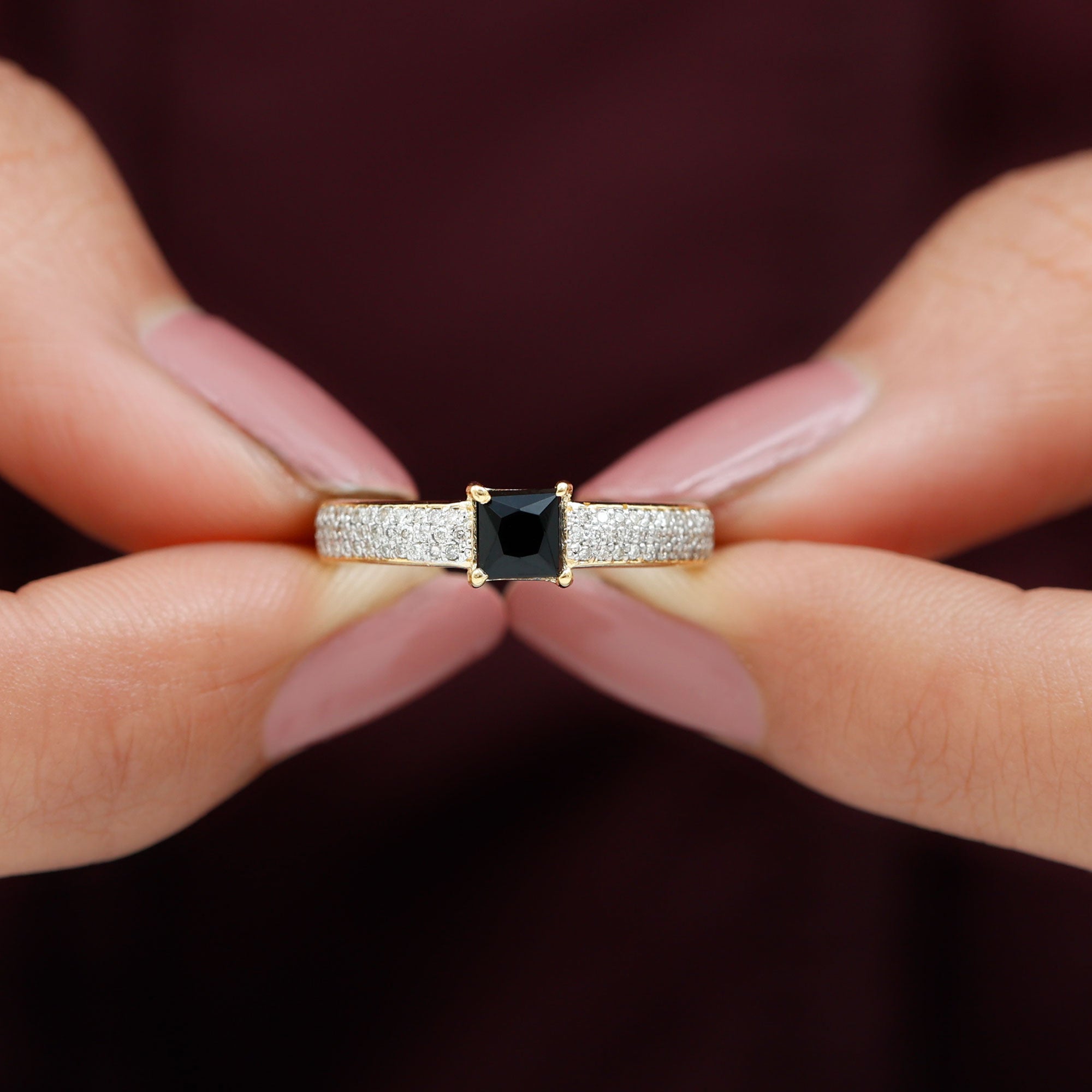 Rosec Jewels-Princess Cut Black Spinel Engagement Ring with Diamond Side Stones