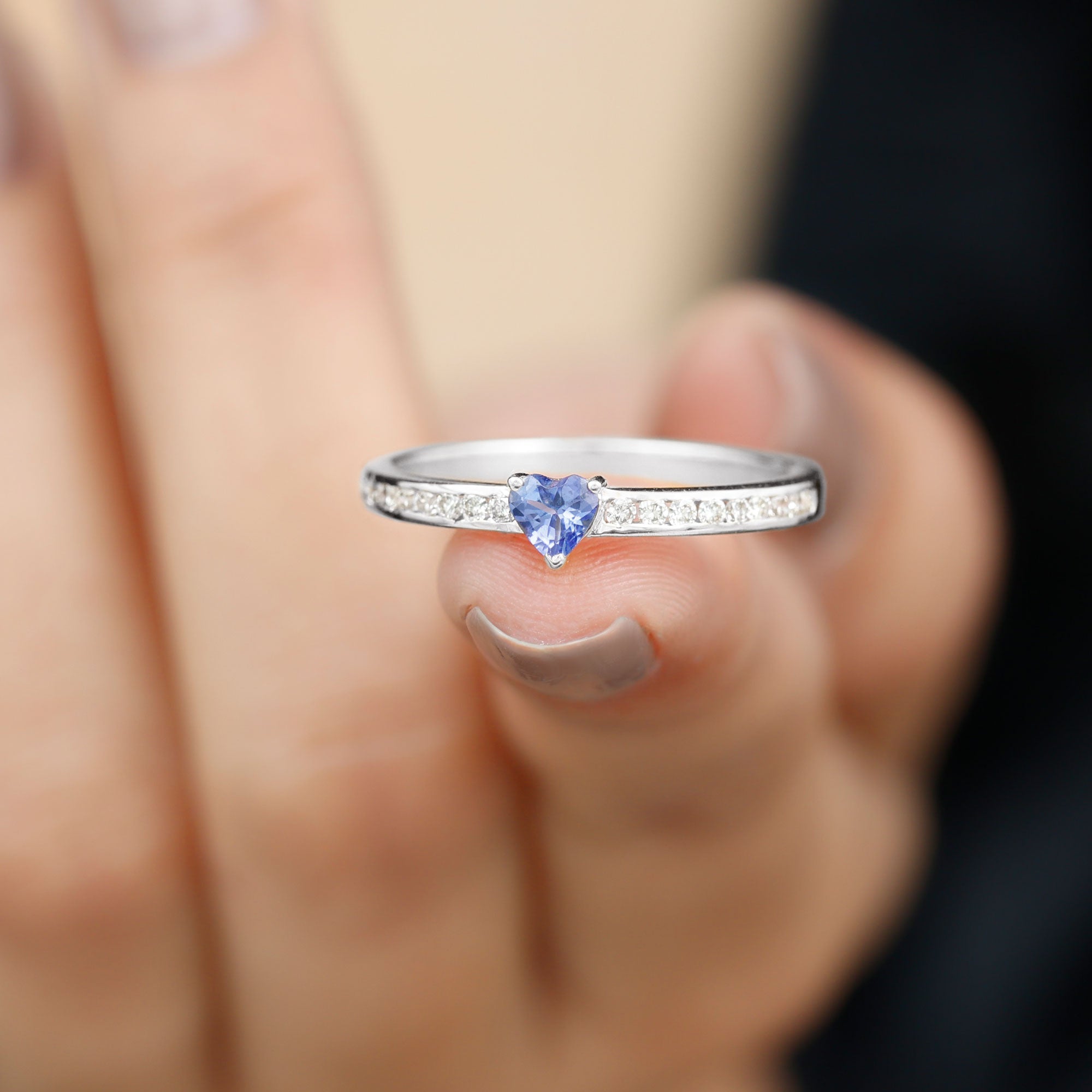 Rosec Jewels-Heart Shape Tanzanite Solitaire Ring with Channel Set Diamond