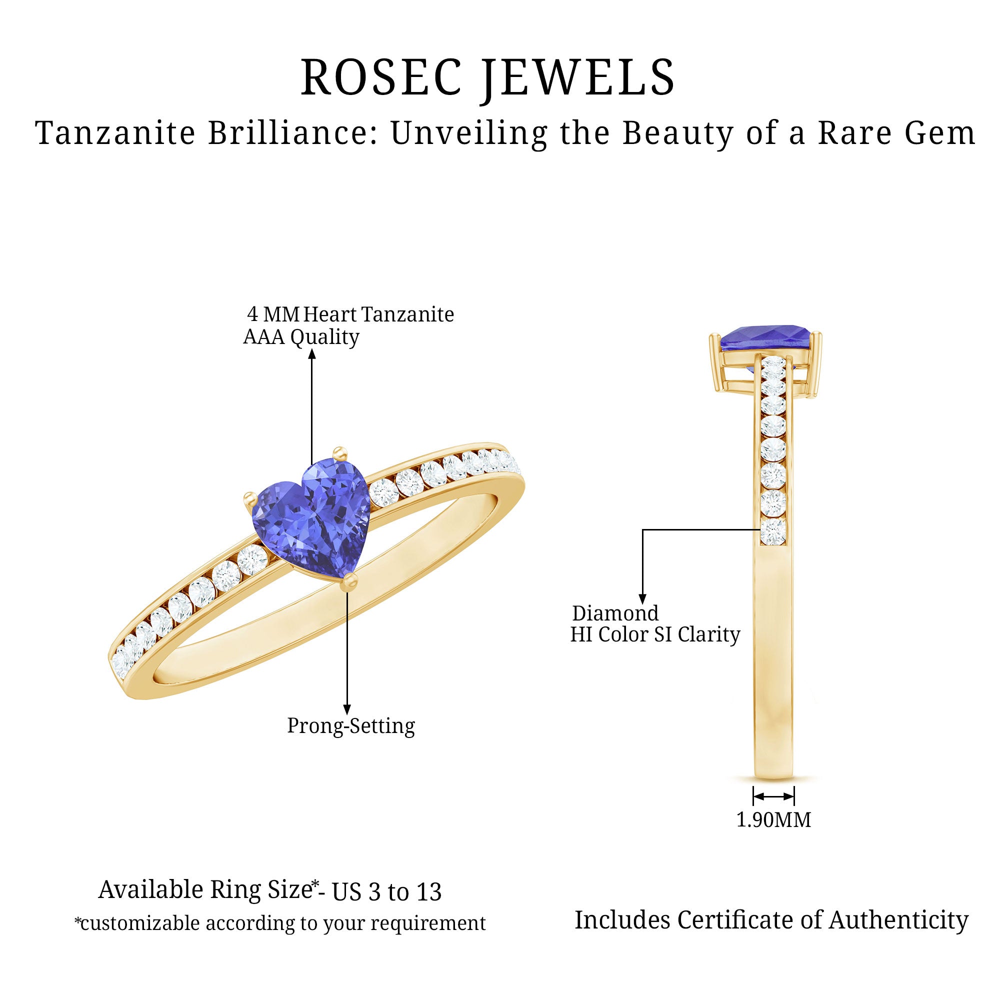 Rosec Jewels-Heart Shape Tanzanite Solitaire Ring with Channel Set Diamond