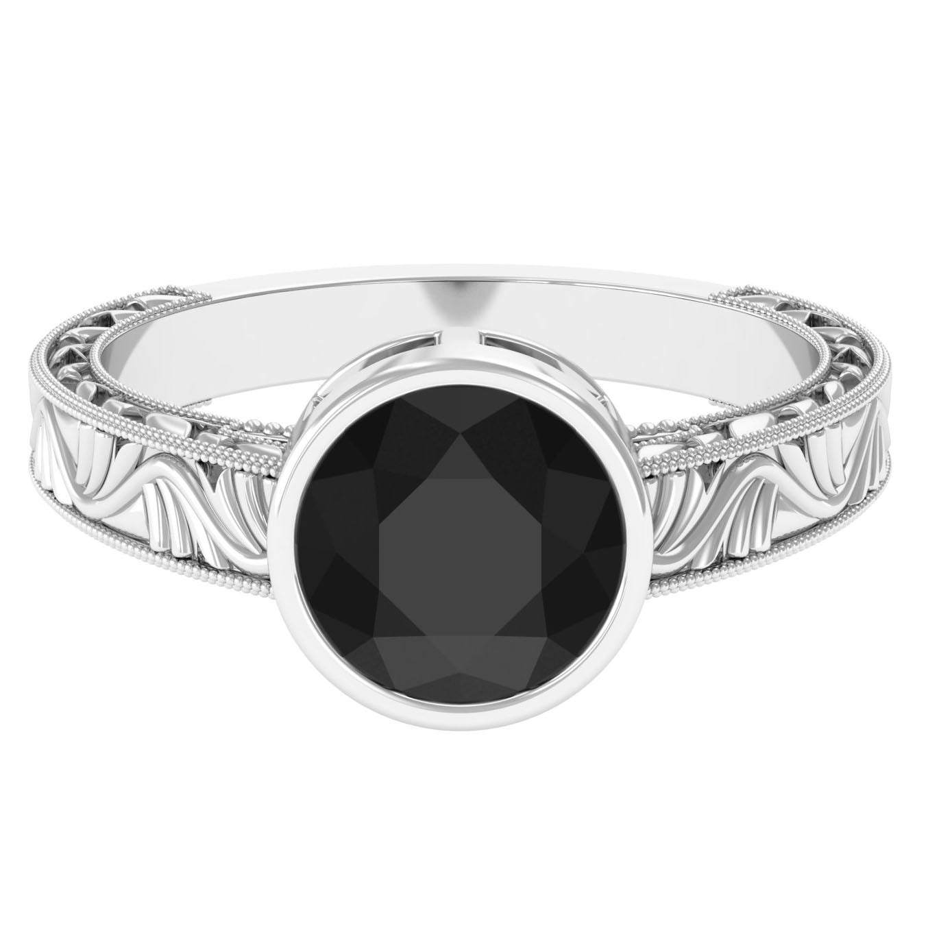 Rosec Jewels-Bezel Set Lab Grown Black Diamond Solitaire Ring with Engraved Detailing