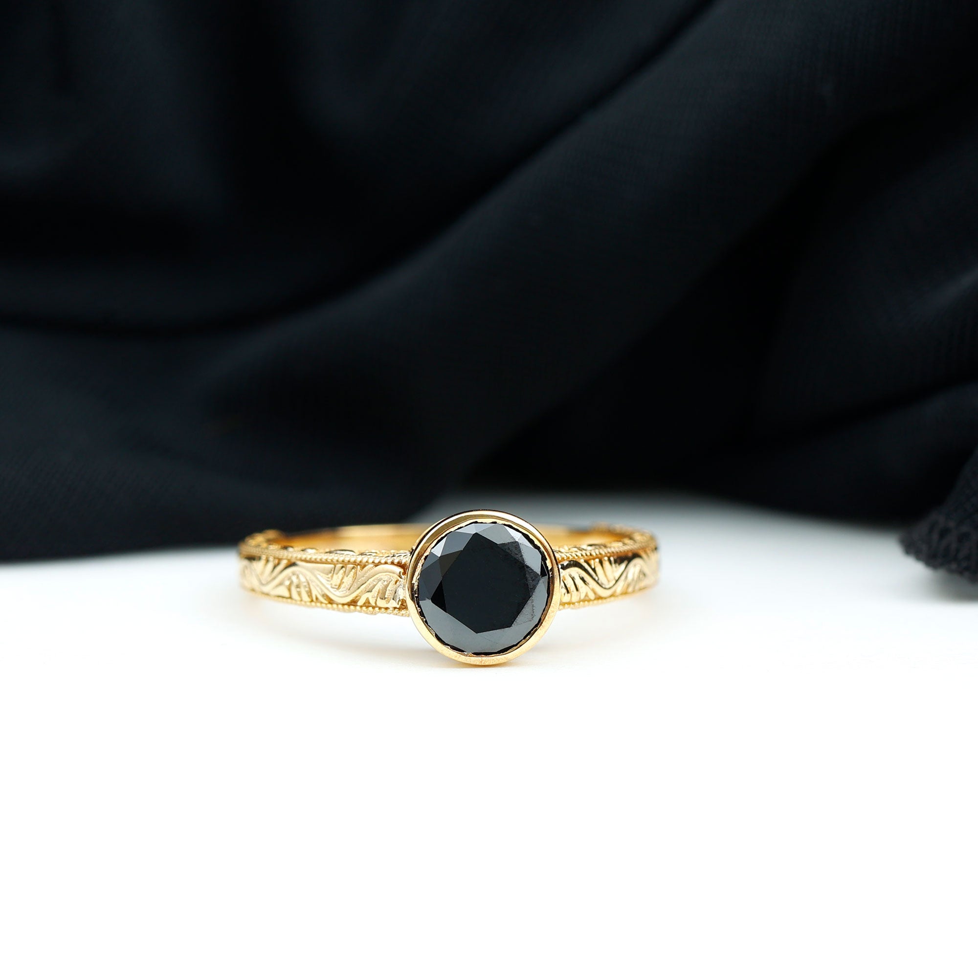 Rosec Jewels-Bezel Set Lab Grown Black Diamond Solitaire Ring with Engraved Detailing