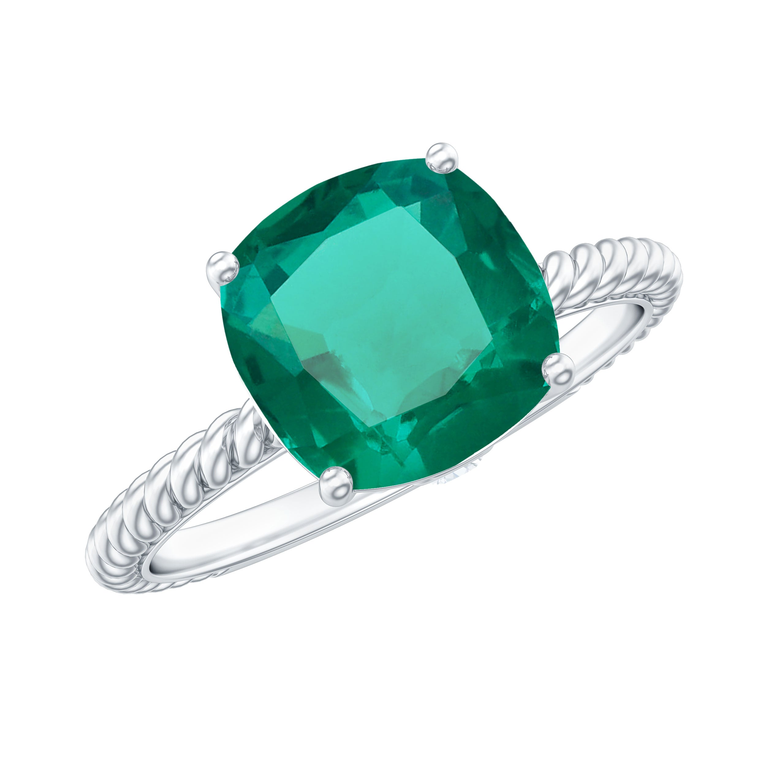 Rosec Jewels-Cushion Cut Created Emerald Solitaire Ring with Diamond