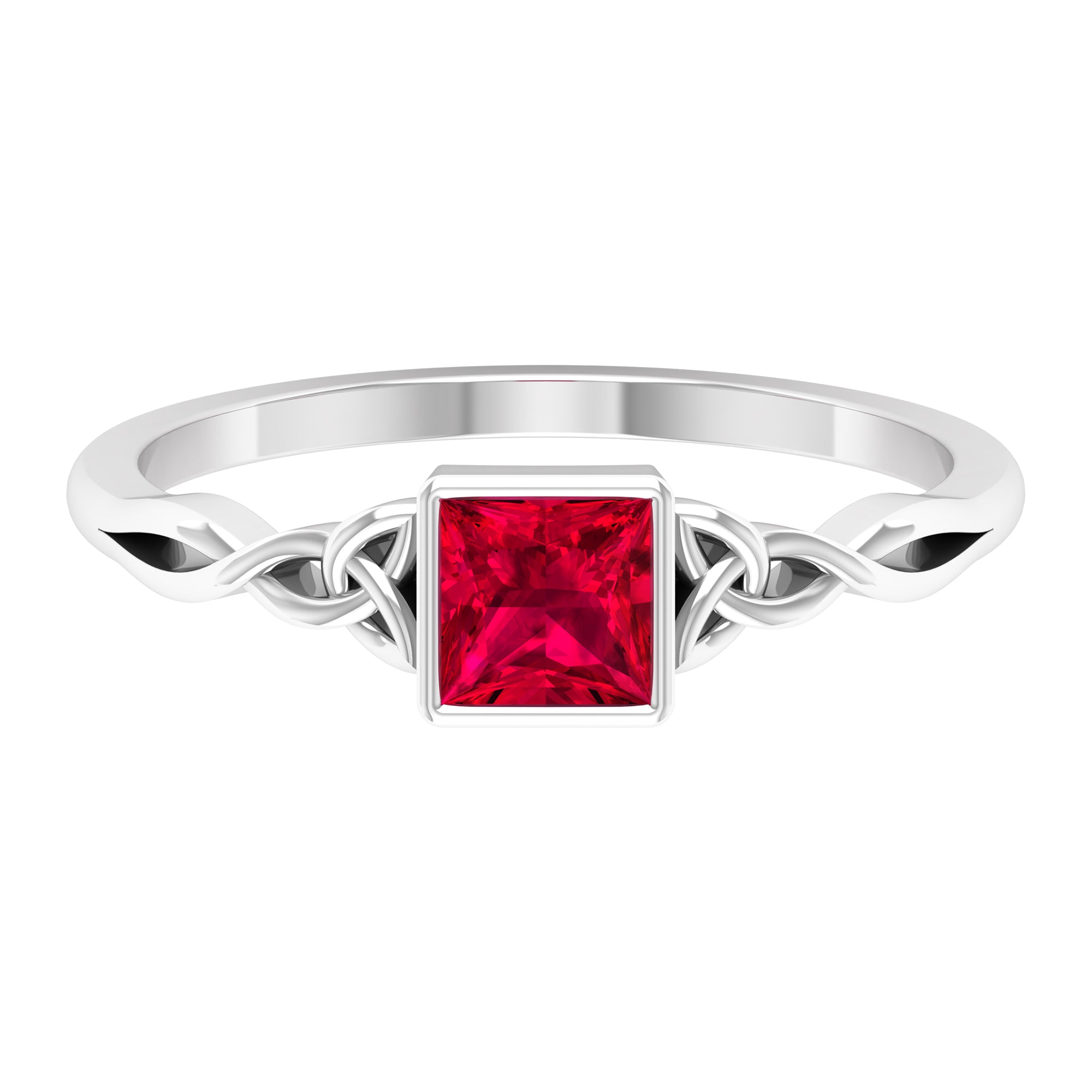 Rosec Jewels-Princess Cut Solitaire Created Ruby Celtic Knot Ring in Bezel Setting