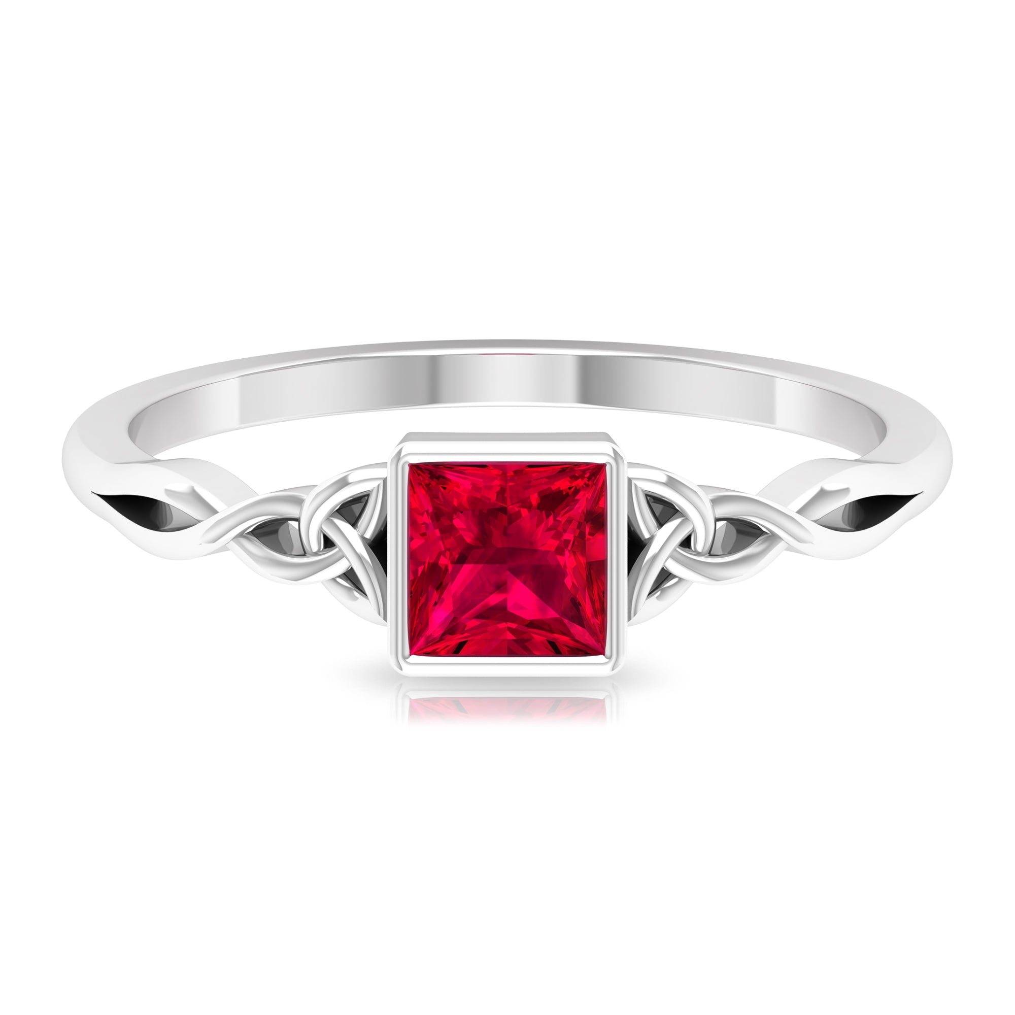 Rosec Jewels-Princess Cut Solitaire Created Ruby Celtic Knot Ring in Bezel Setting