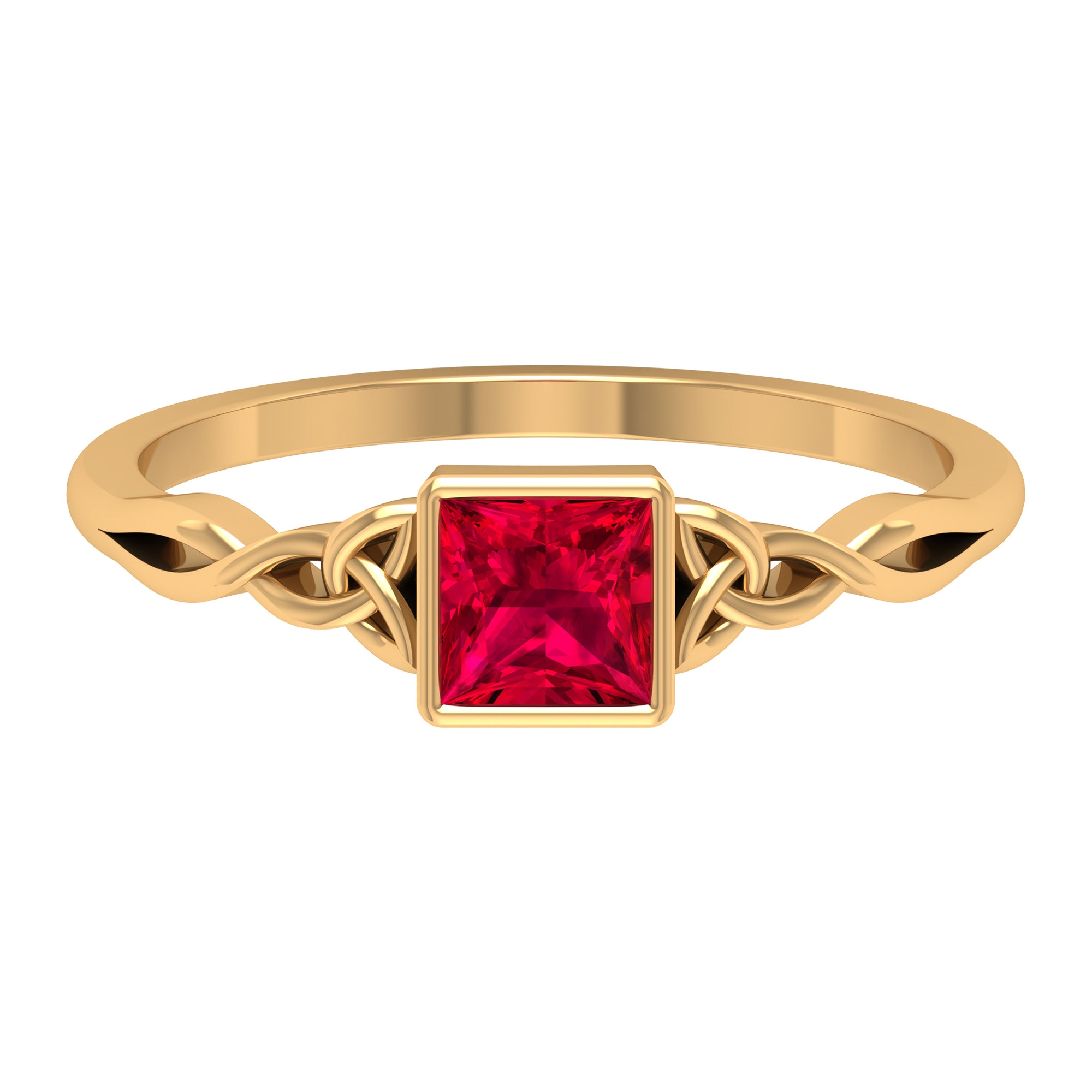 Rosec Jewels-Princess Cut Solitaire Created Ruby Celtic Knot Ring in Bezel Setting