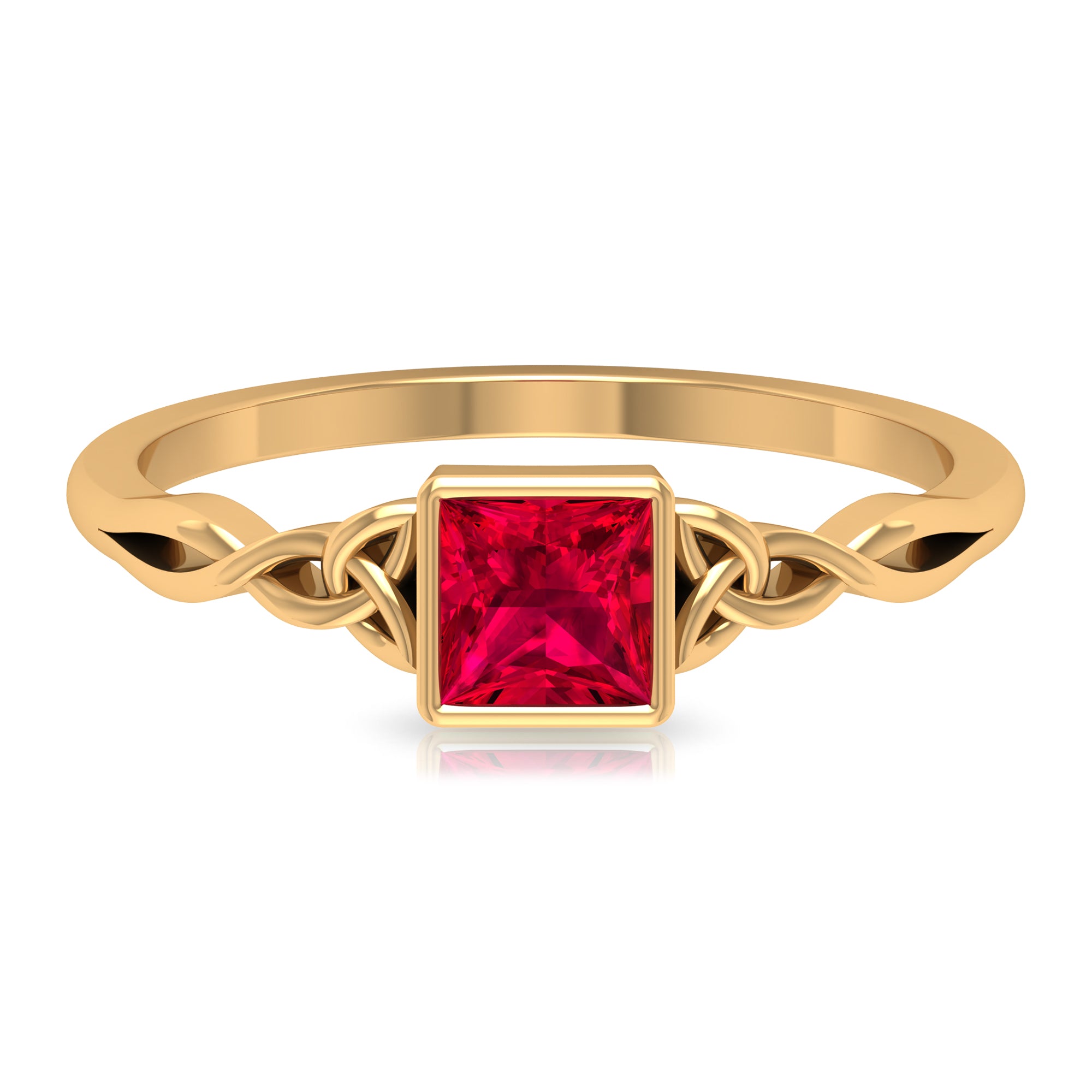 Rosec Jewels-Princess Cut Solitaire Created Ruby Celtic Knot Ring in Bezel Setting