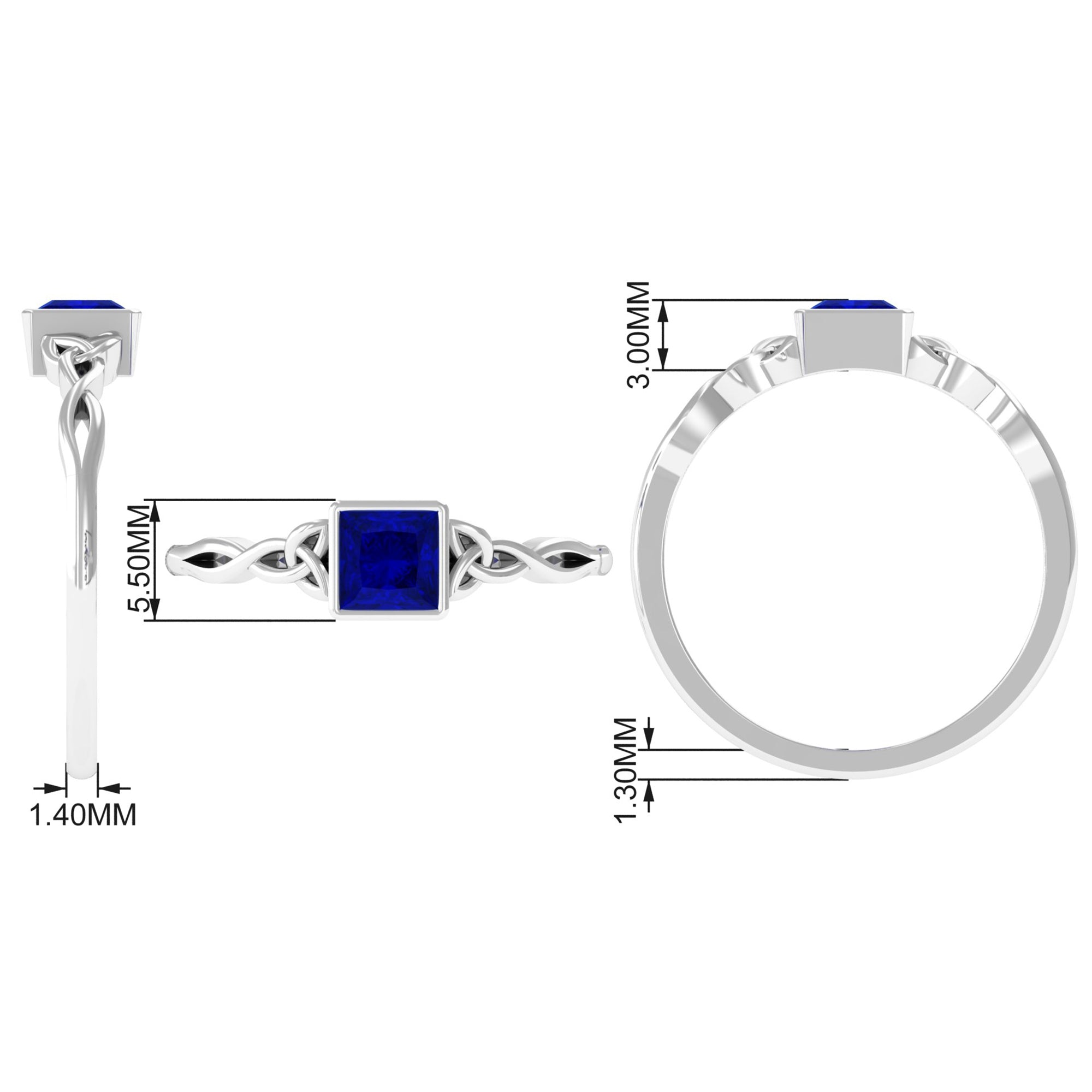 Rosec Jewels-5 MM Princess Cut Lab Grown Blue Sapphire Celtic Solitaire Ring