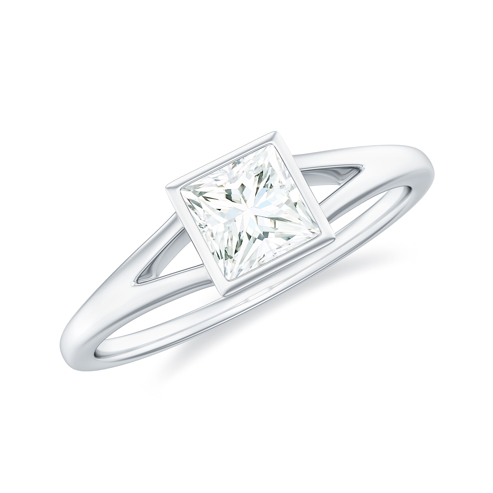 Rosec Jewels-Bezel Set Princess Cut Moissanite Solitaire Promise Ring in Split Shank