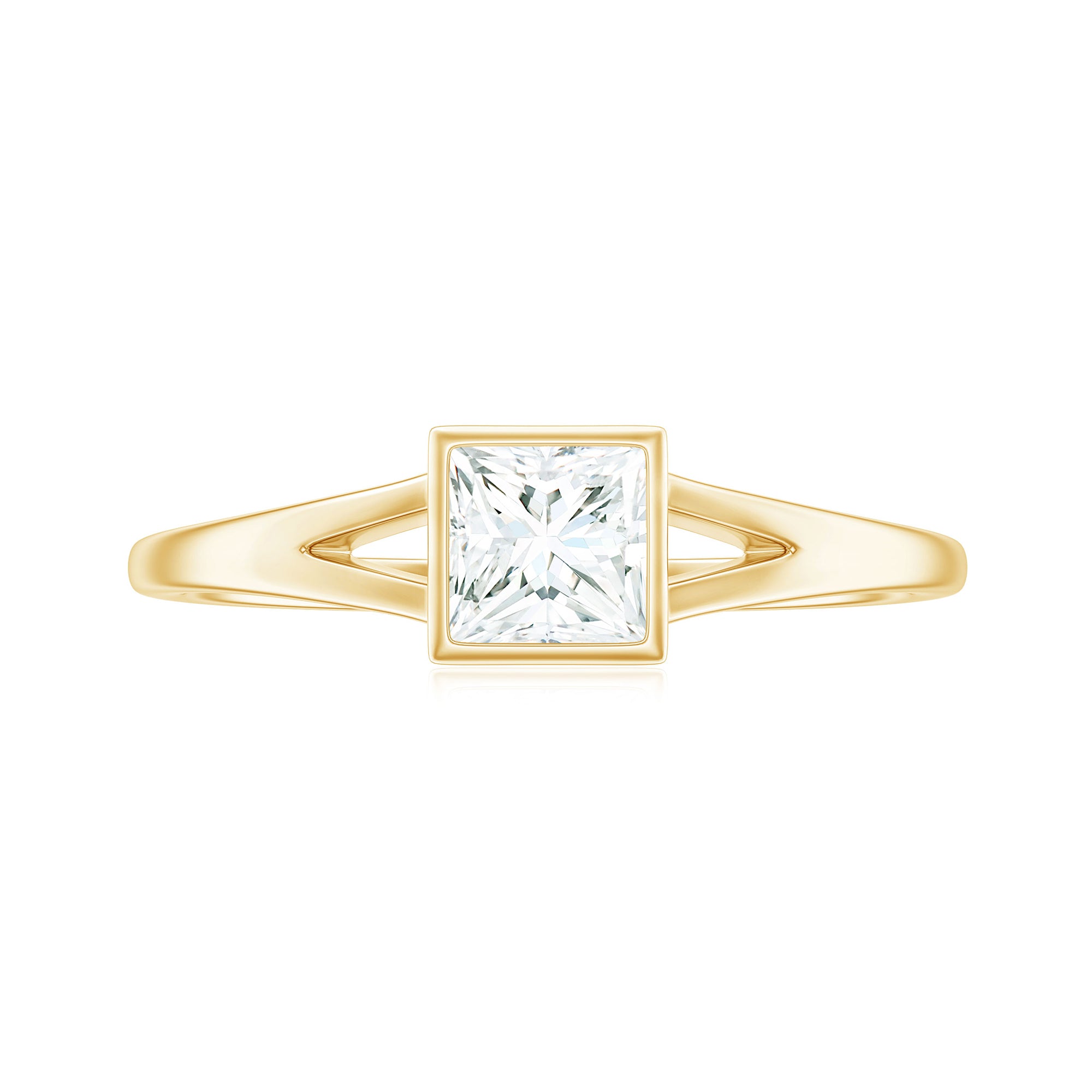 Rosec Jewels-Bezel Set Princess Cut Moissanite Solitaire Promise Ring in Split Shank