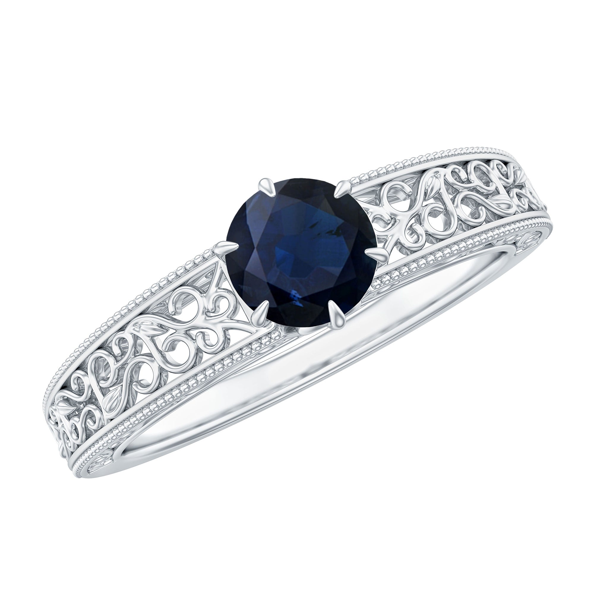 Rosec Jewels-1 CT Round Cut Solitaire Blue Sapphire Filigree Engagement Ring