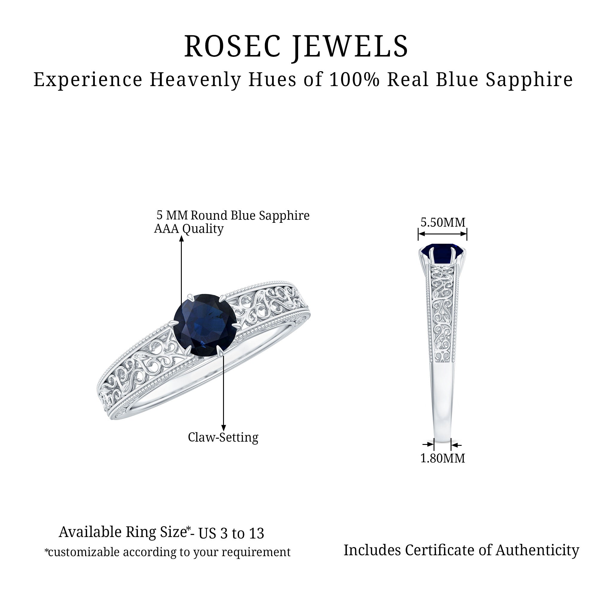 Rosec Jewels-1 CT Round Cut Solitaire Blue Sapphire Filigree Engagement Ring