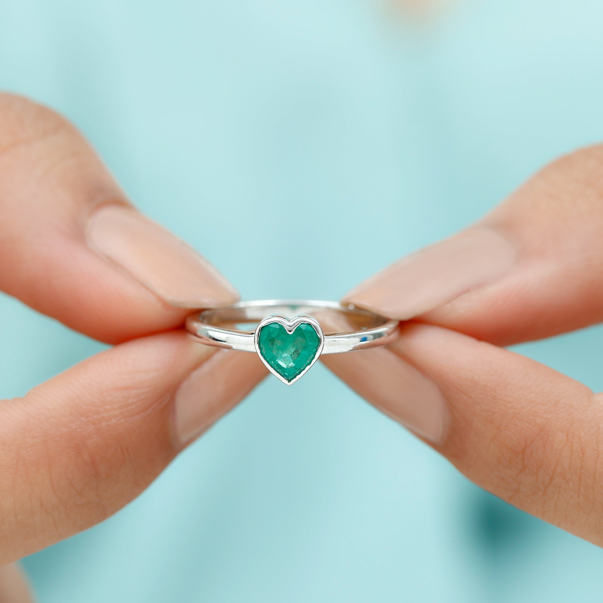 Rosec Jewels-Heart Shape Emerald Solitaire Ring in Bezel Setting