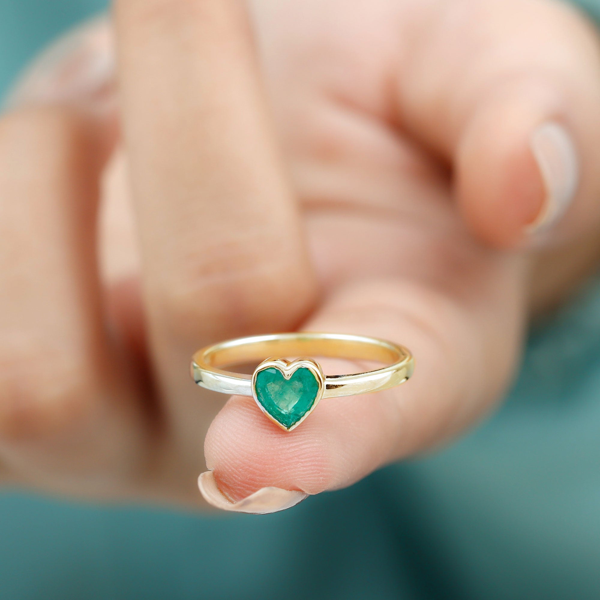 Rosec Jewels-Heart Shape Emerald Solitaire Ring in Bezel Setting