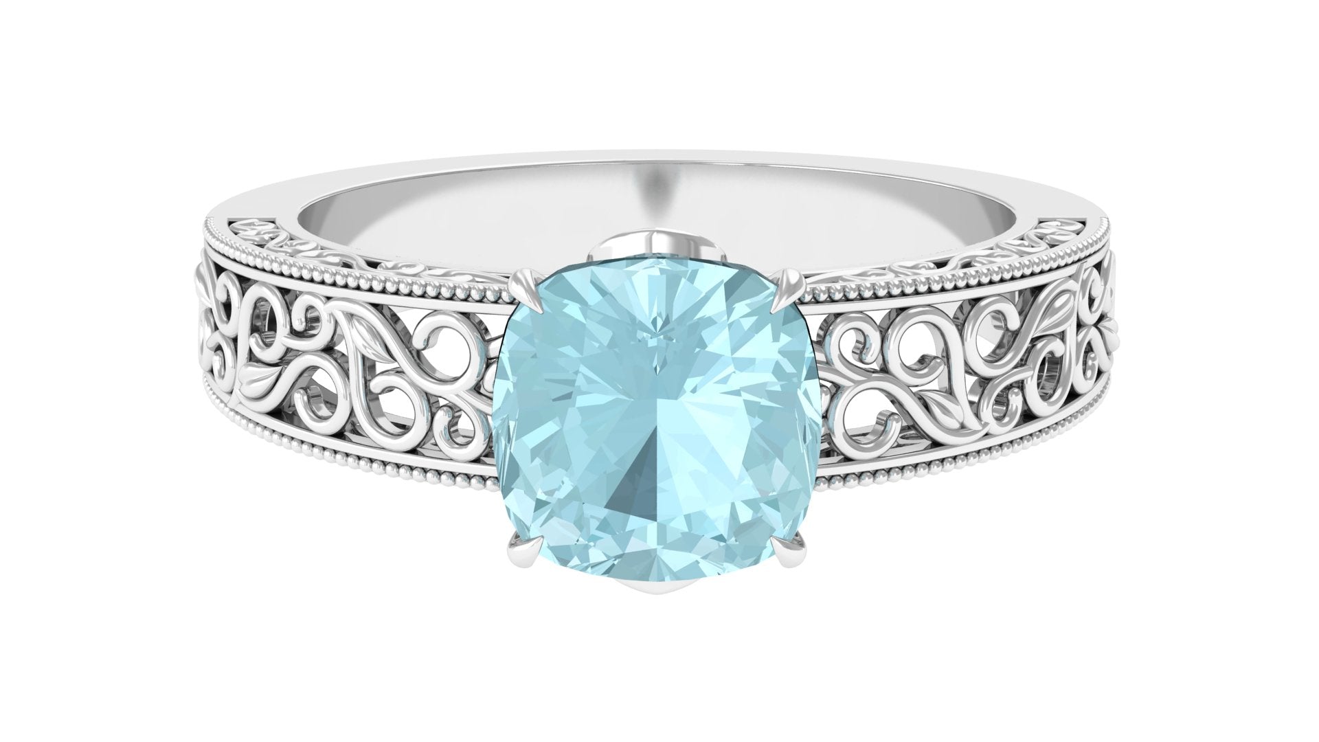 Rosec Jewels-Cushion Cut Solitaire Sky Blue Topaz Filigree Ring in Claw Setting