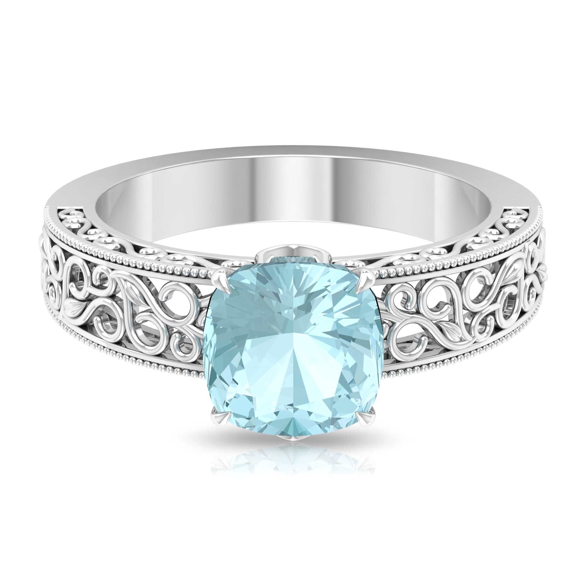 Rosec Jewels-Cushion Cut Solitaire Sky Blue Topaz Filigree Ring in Claw Setting