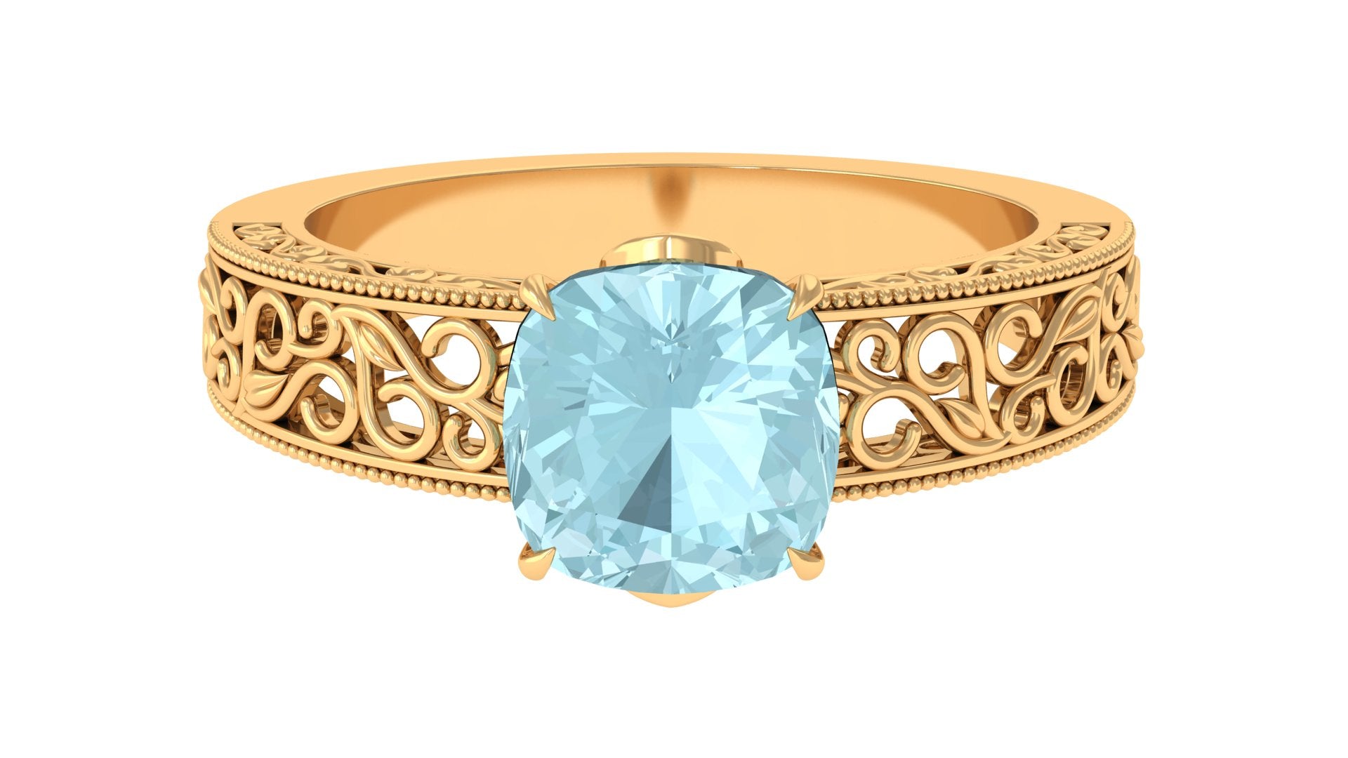 Rosec Jewels-Cushion Cut Solitaire Sky Blue Topaz Filigree Ring in Claw Setting