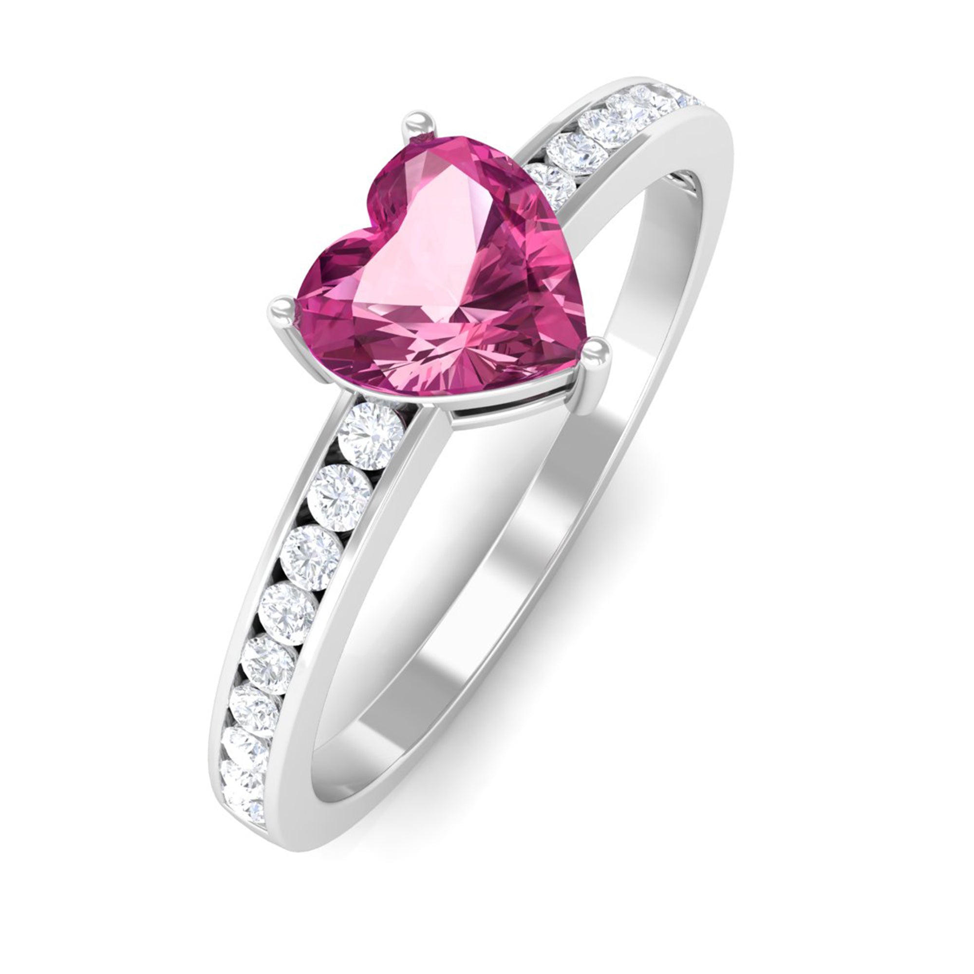 Rosec Jewels-1 CT Heart Shape Pink Tourmaline Solitaire Ring with Diamond Side Stones