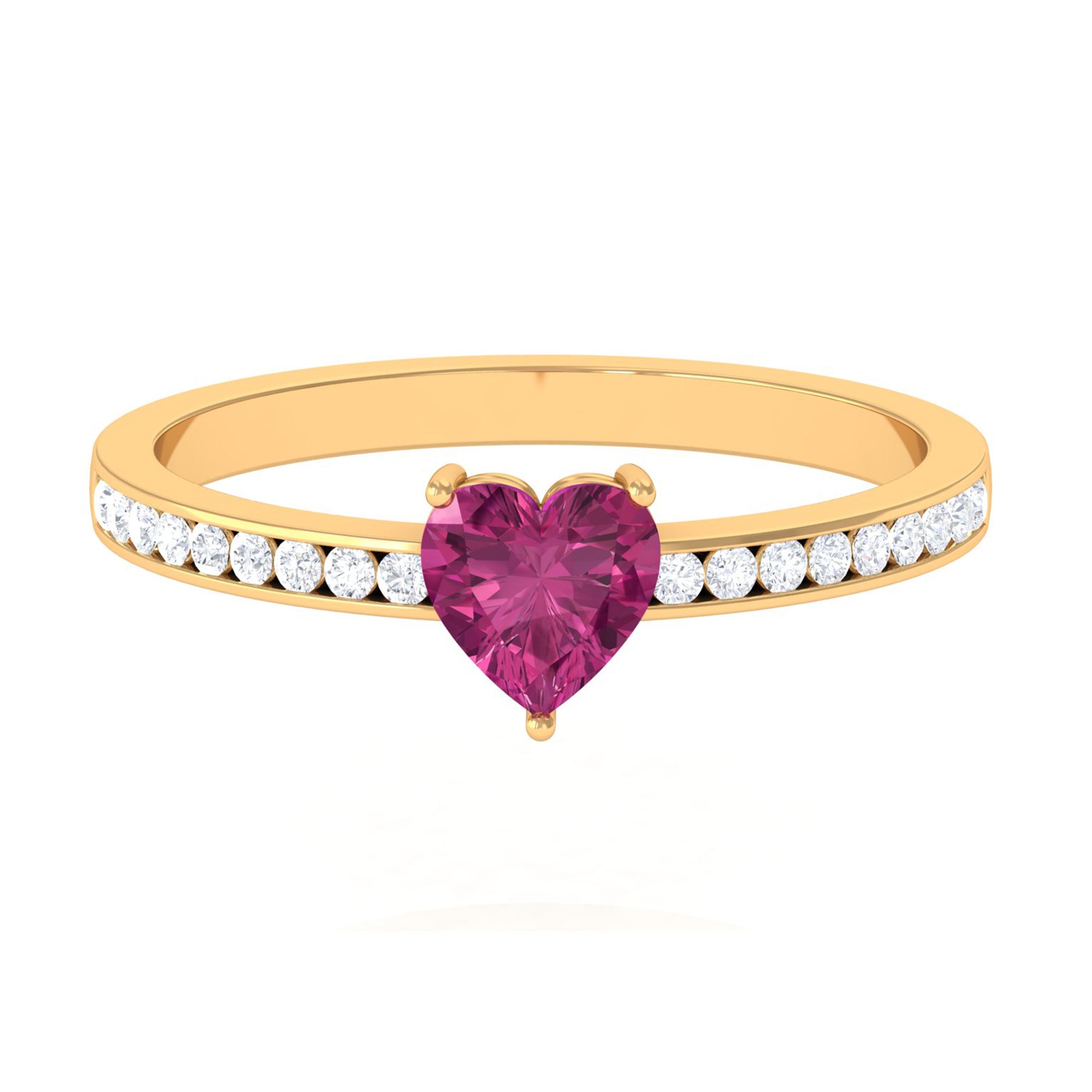 Rosec Jewels-1 CT Heart Shape Pink Tourmaline Solitaire Ring with Diamond Side Stones