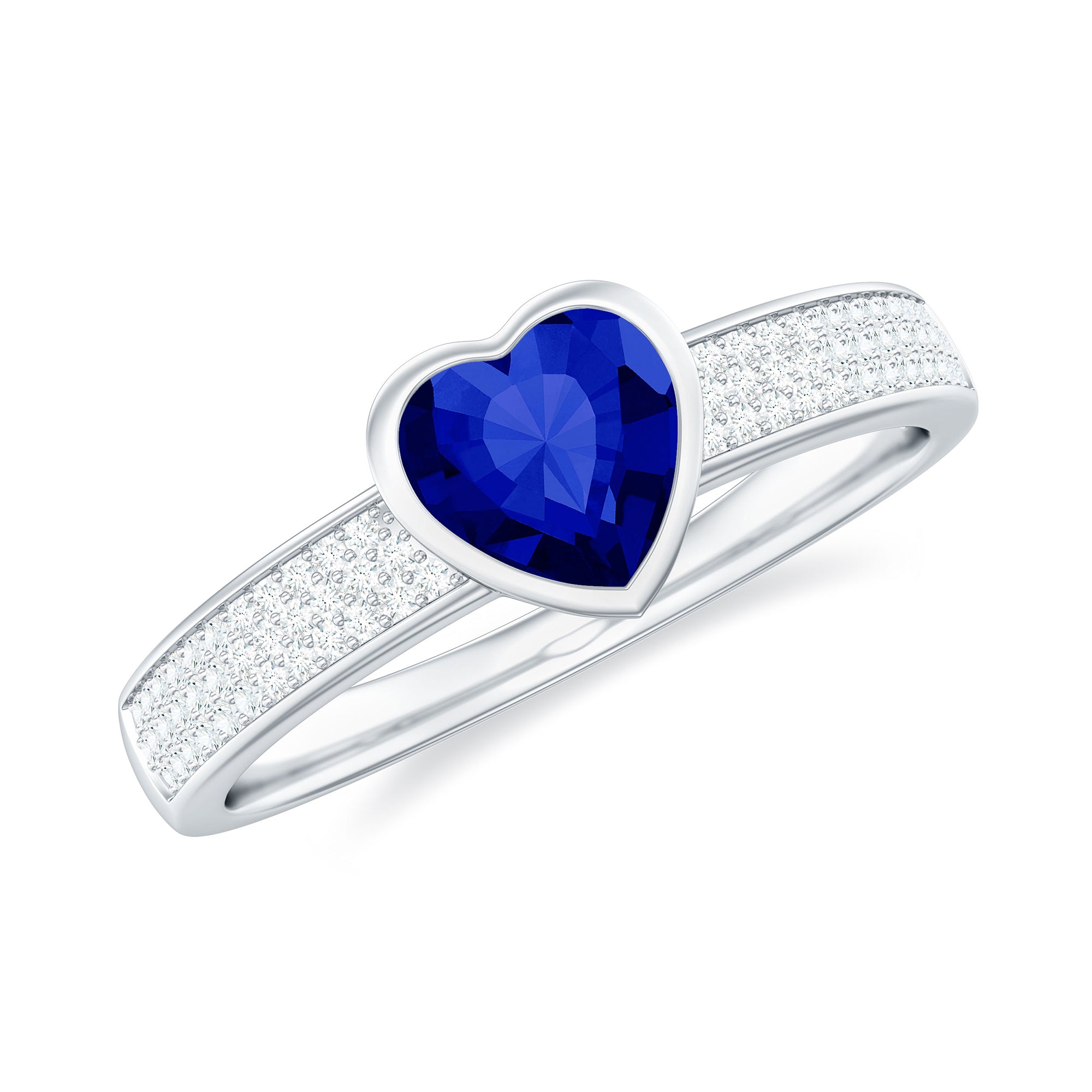 Rosec Jewels-Heart Shape Created Blue Sapphire Solitaire Ring with Diamond Side Stone