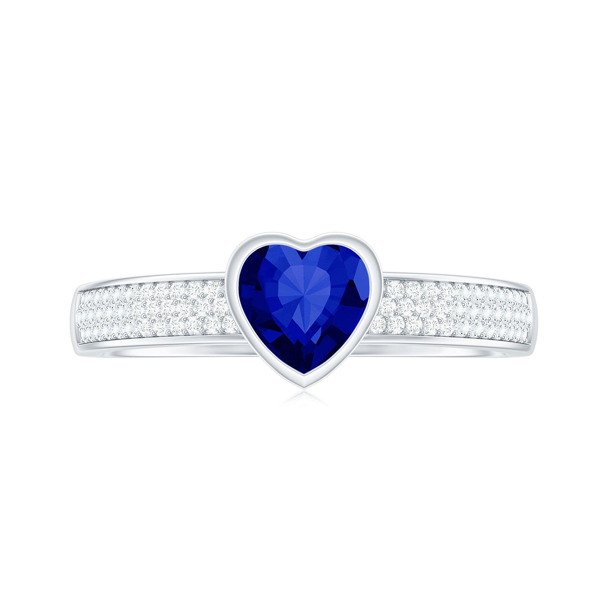 Rosec Jewels-Heart Shape Created Blue Sapphire Solitaire Ring with Diamond Side Stone