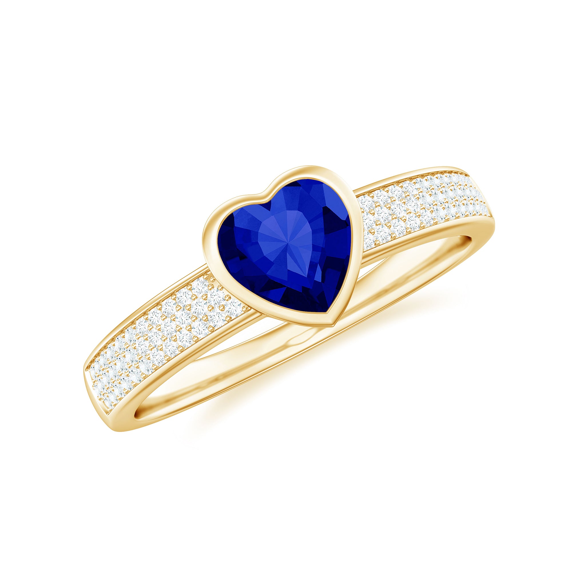 Rosec Jewels-Heart Shape Created Blue Sapphire Solitaire Ring with Diamond Side Stone