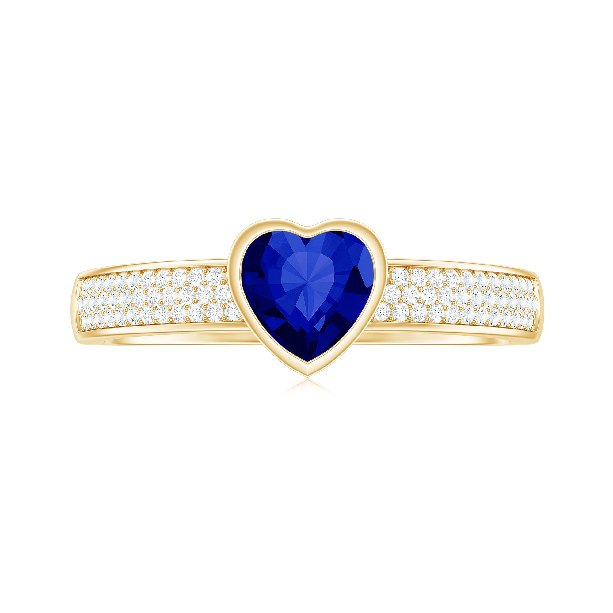 Rosec Jewels-Heart Shape Created Blue Sapphire Solitaire Ring with Diamond Side Stone