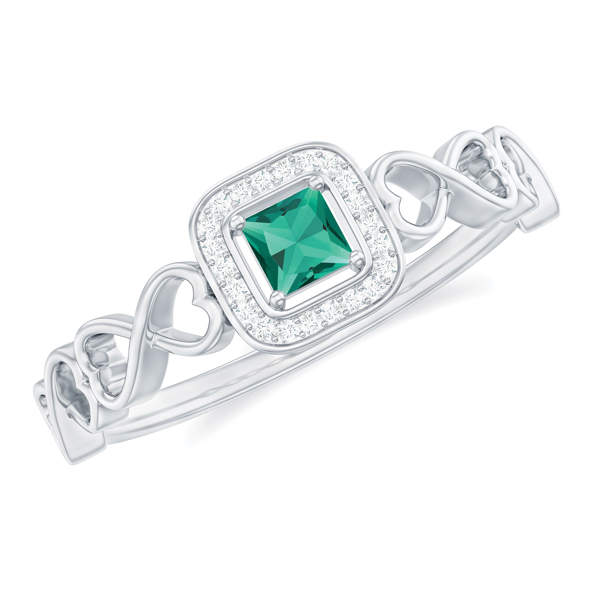 Rosec Jewels-Princess Cut Lab Grown Emerald Infinity Heart Promise Ring with Diamond Halo