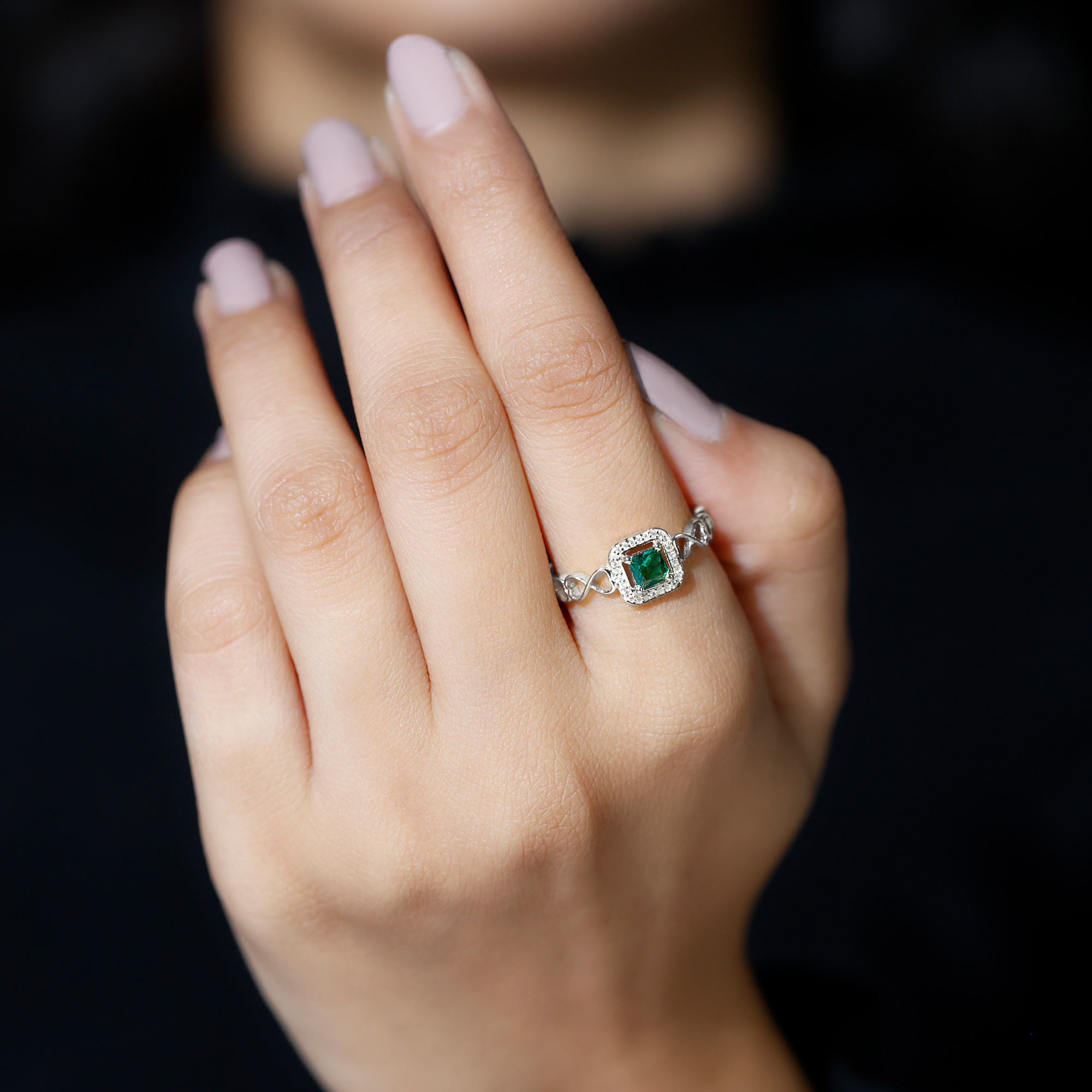 Rosec Jewels-Princess Cut Lab Grown Emerald Infinity Heart Promise Ring with Diamond Halo