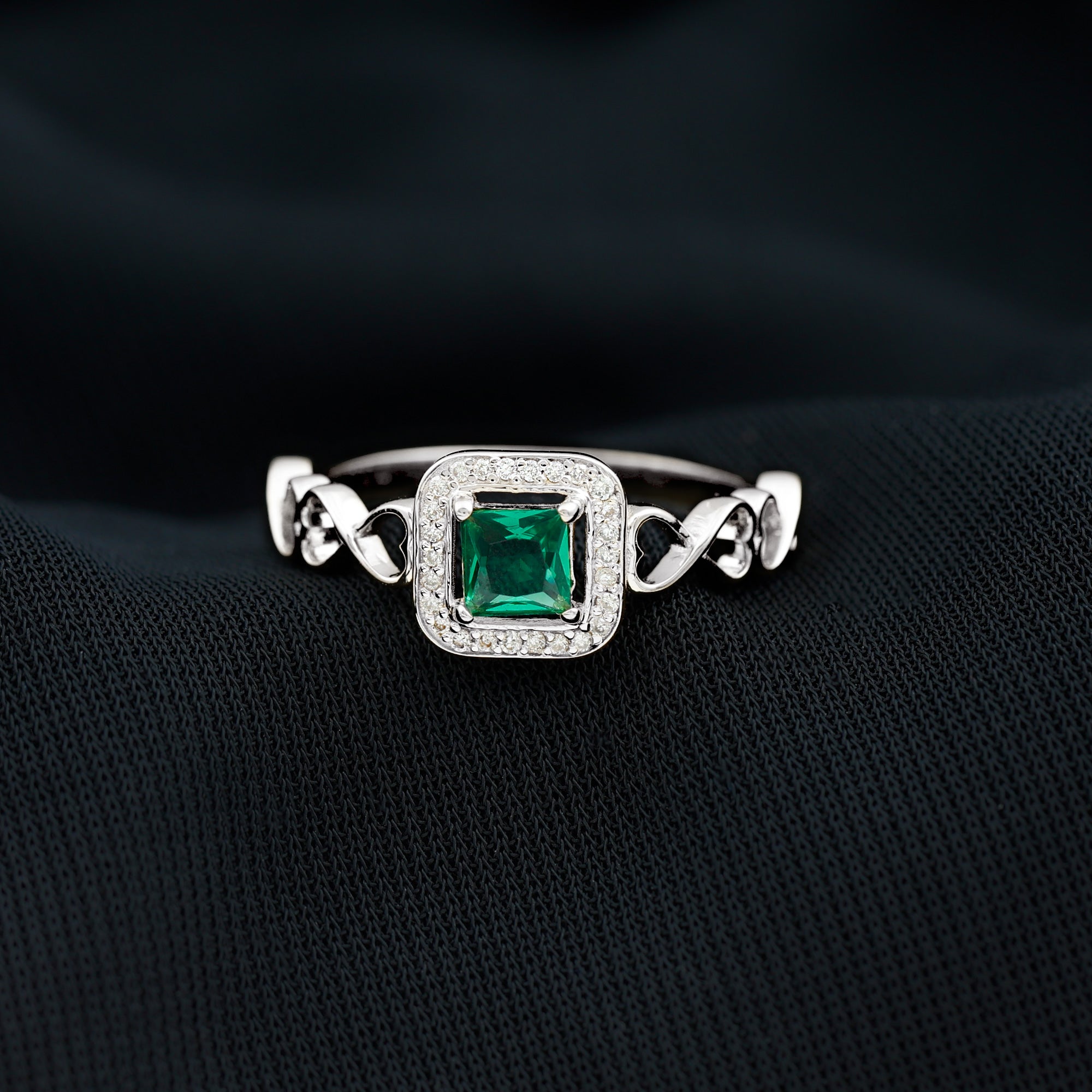 Rosec Jewels-Princess Cut Lab Grown Emerald Infinity Heart Promise Ring with Diamond Halo