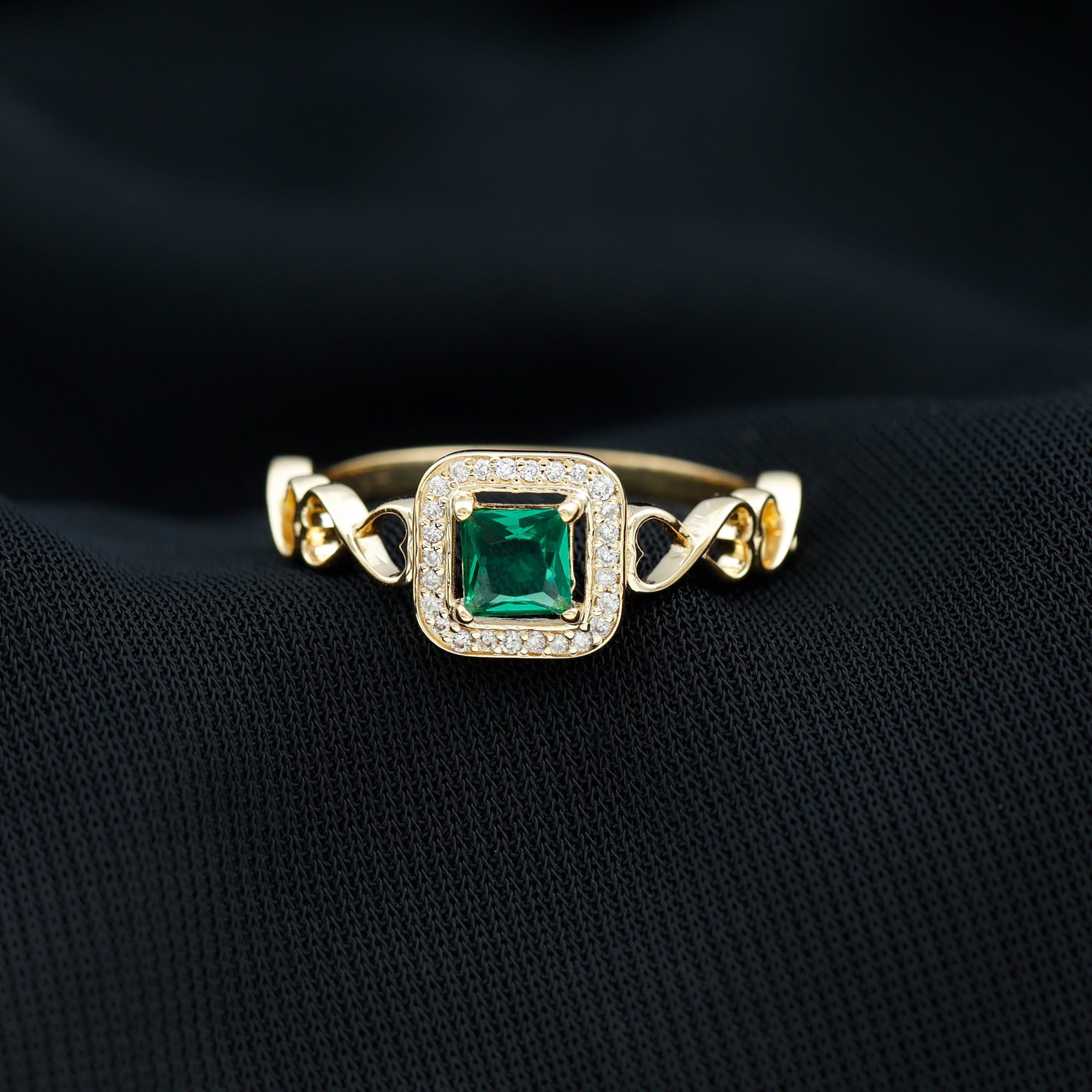 Rosec Jewels-Princess Cut Lab Grown Emerald Infinity Heart Promise Ring with Diamond Halo