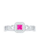 Rosec Jewels-Princess Cut Pink Sapphire and Diamond Halo Promise Ring in Infinity Shank