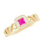 Rosec Jewels-Princess Cut Pink Sapphire and Diamond Halo Promise Ring in Infinity Shank